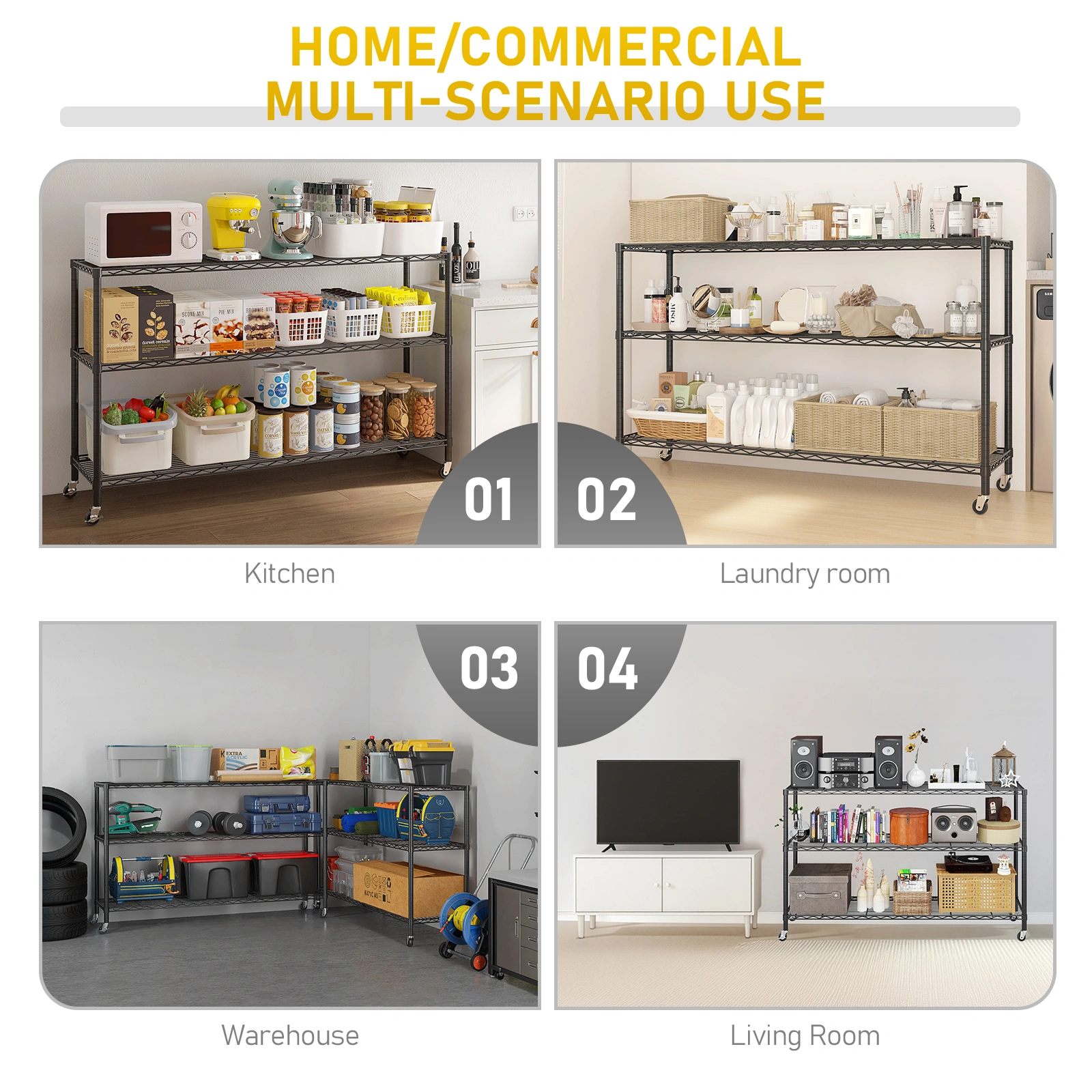 3-tier, adjustable shelf spacing, with adjustable feet and wheels, iron display stand, 117*45*104cm, powder-coated black view 9