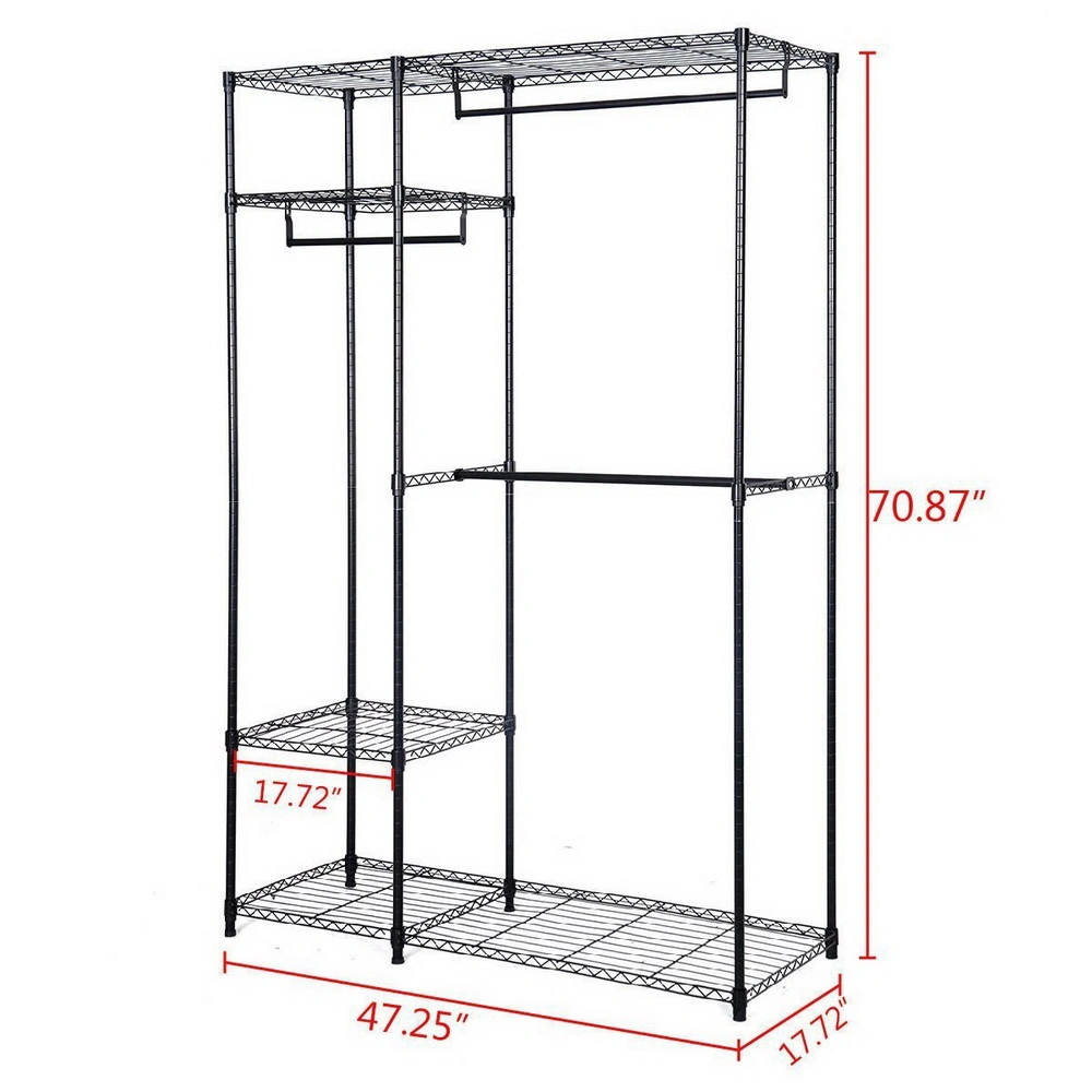 4-Tier Clothing Storage Rack, Black Metal Clothes Organizer with Hanging Rod view 2