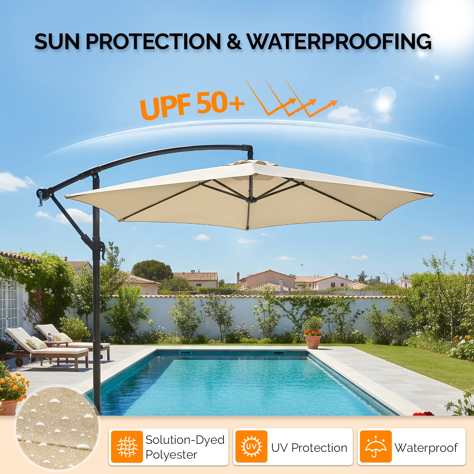 10FT Round Offset Patio Umbrella, Banana Hanging Cantilever Umbrella with 60° Adjustable Angle, Crank System, Cross Base & Pole Sleeve, UPF 50+ Waterproof Polyester Canopy, 6 Iron Ribs for Garden Deck Backyard, Khaki view 16