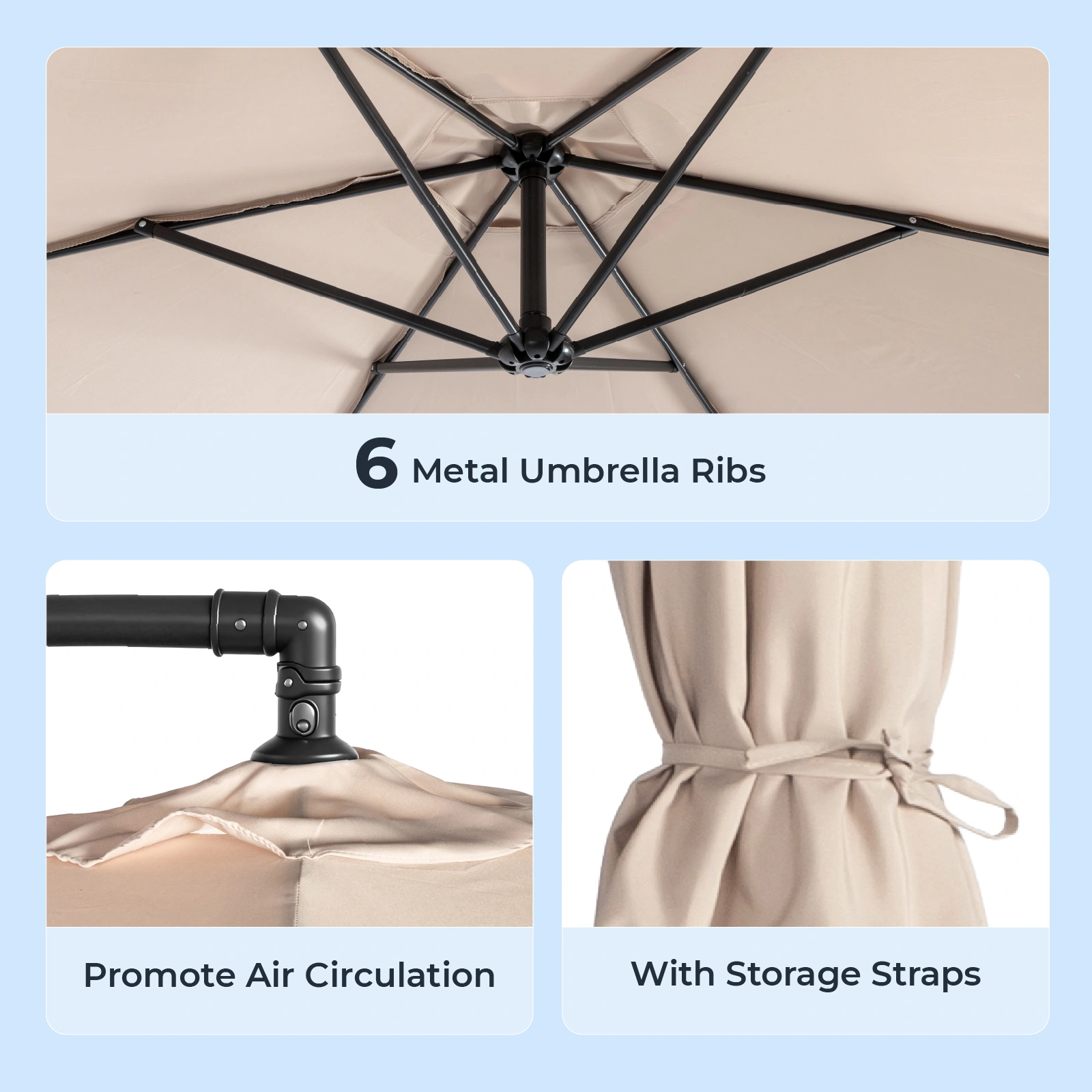 10FT Round Offset Patio Umbrella, Banana Hanging Cantilever Umbrella with 60° Adjustable Angle, Crank System, Cross Base & Pole Sleeve, UPF 50+ Waterproof Polyester Canopy, 6 Iron Ribs for Garden Deck Backyard, Khaki view 21