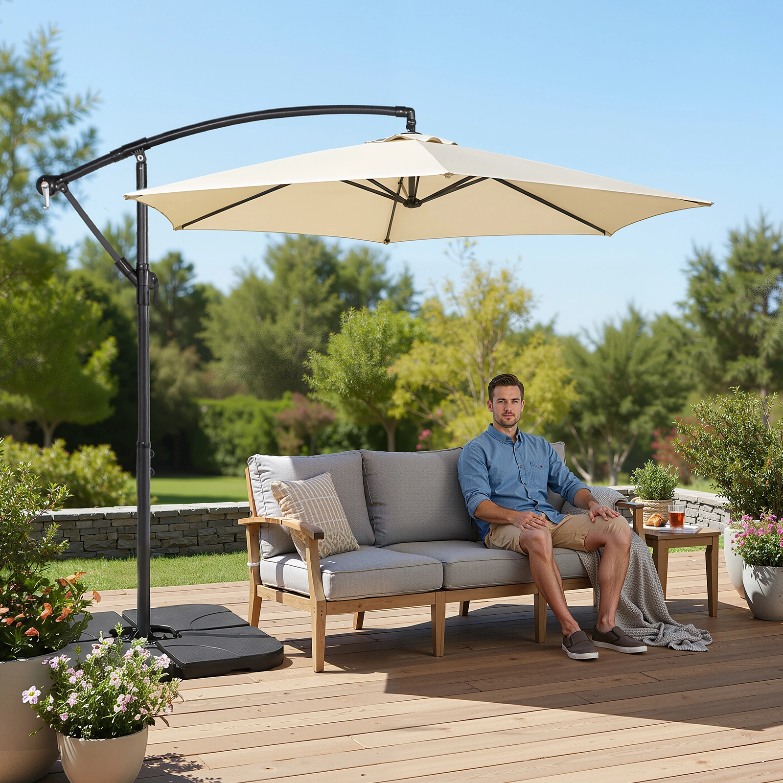 10FT Round Offset Patio Umbrella, Banana Hanging Cantilever Umbrella with 60° Adjustable Angle, Crank System, Cross Base & Pole Sleeve, UPF 50+ Waterproof Polyester Canopy, 6 Iron Ribs for Garden Deck Backyard, Khaki view 24