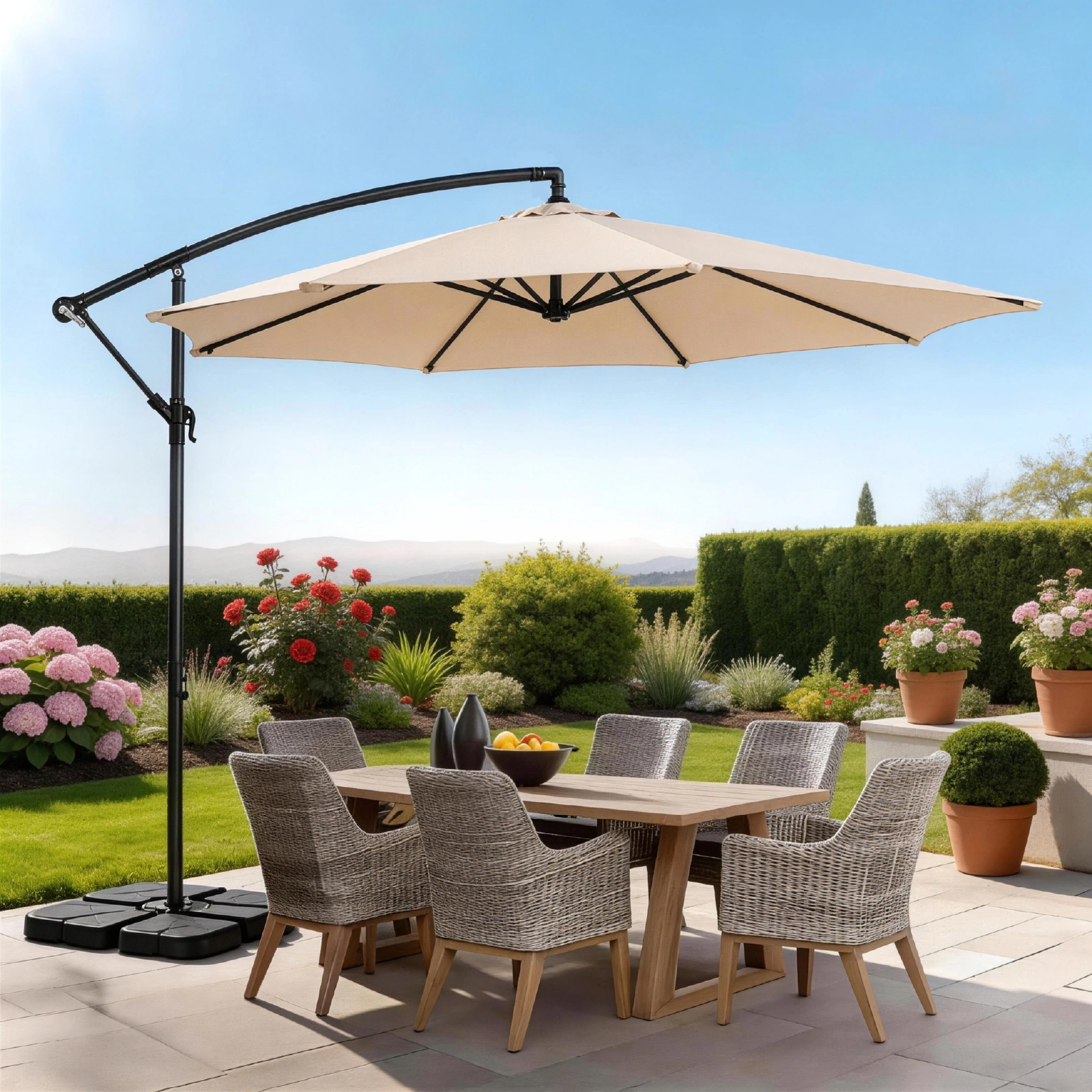 10FT Round Offset Patio Umbrella, Banana Hanging Cantilever Umbrella with 60° Adjustable Angle, Crank System, Cross Base & Pole Sleeve, UPF 50+ Waterproof Polyester Canopy, 6 Iron Ribs for Garden Deck Backyard, Khaki view 25