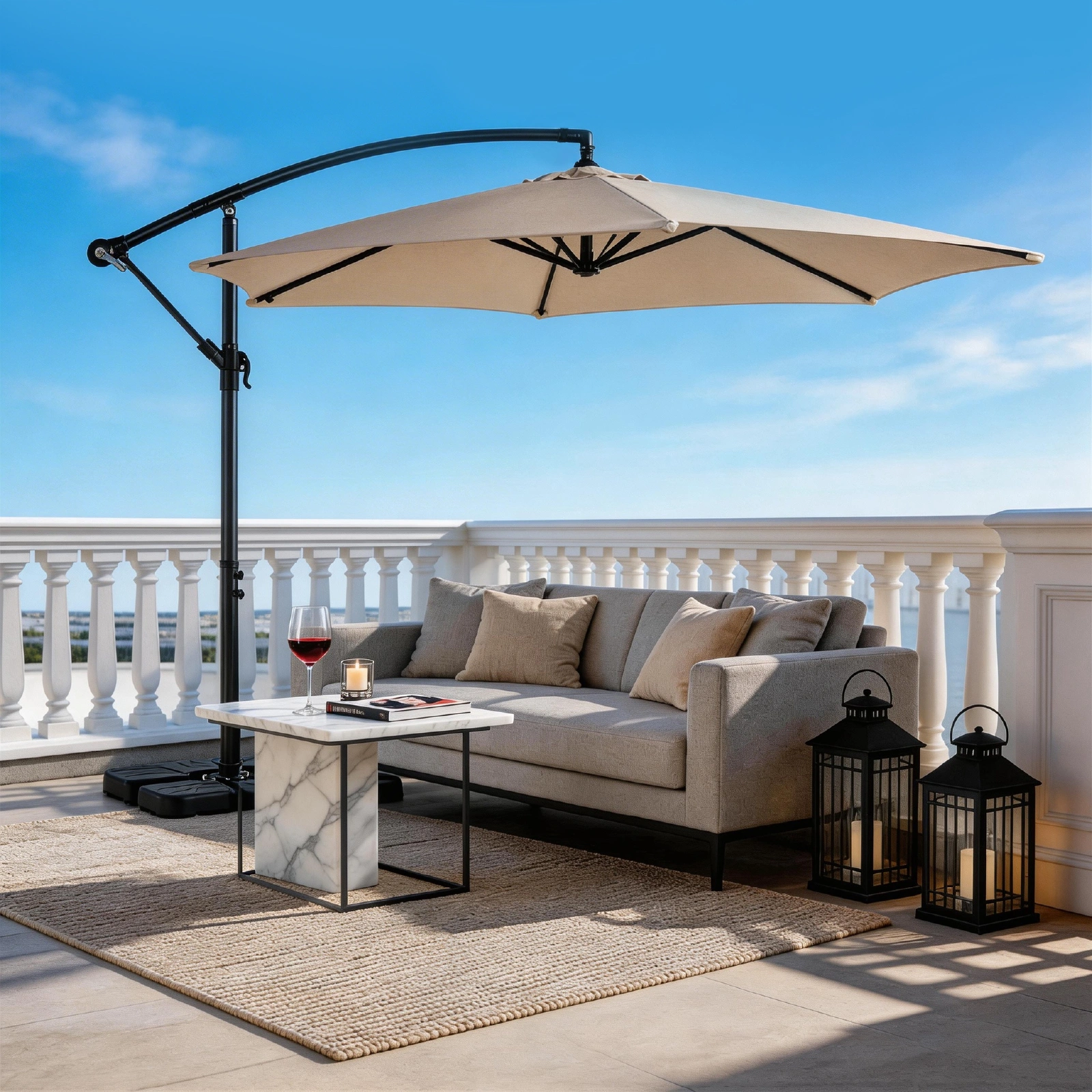 10FT Round Offset Patio Umbrella, Banana Hanging Cantilever Umbrella with 60° Adjustable Angle, Crank System, Cross Base & Pole Sleeve, UPF 50+ Waterproof Polyester Canopy, 6 Iron Ribs for Garden Deck Backyard, Khaki view 27