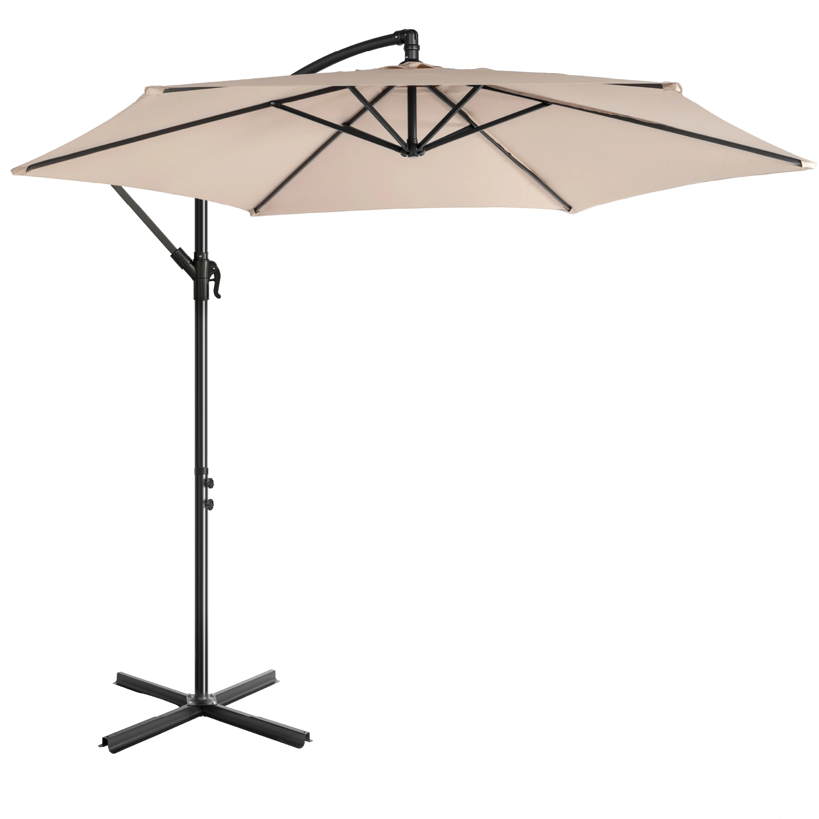 10FT Round Offset Patio Umbrella, Banana Hanging Cantilever Umbrella with 60° Adjustable Angle, Crank System, Cross Base & Pole Sleeve, UPF 50+ Waterproof Polyester Canopy, 6 Iron Ribs for Garden Deck Backyard, Khaki view 3