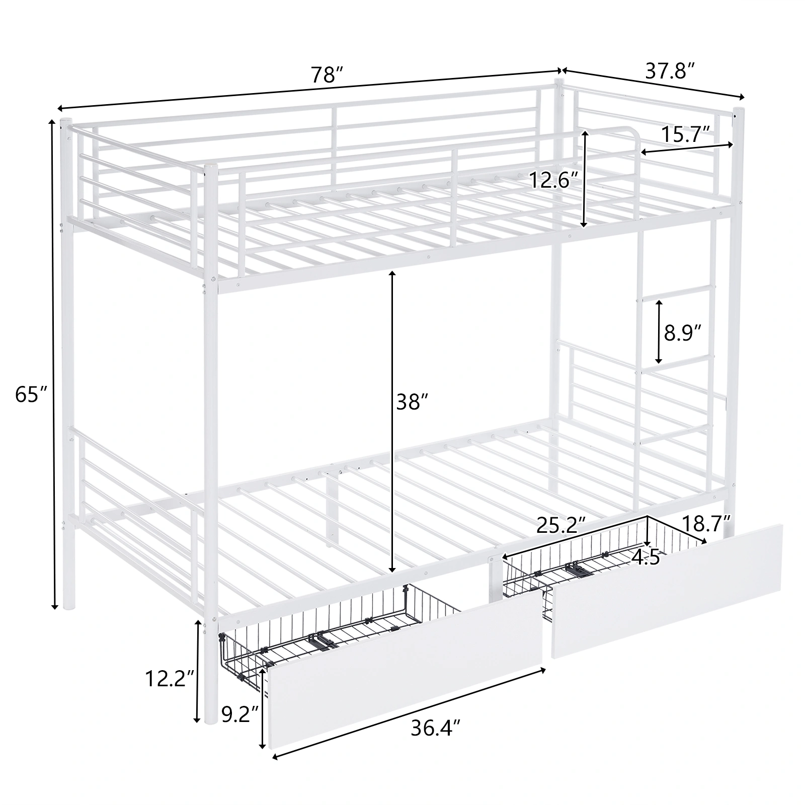Twin Over Twin Bunk Bed White Heavy Duty Metal Bunk Bed with 2 Storage Drawers Full Length Guard Rail for Kids Teens Adults view 3