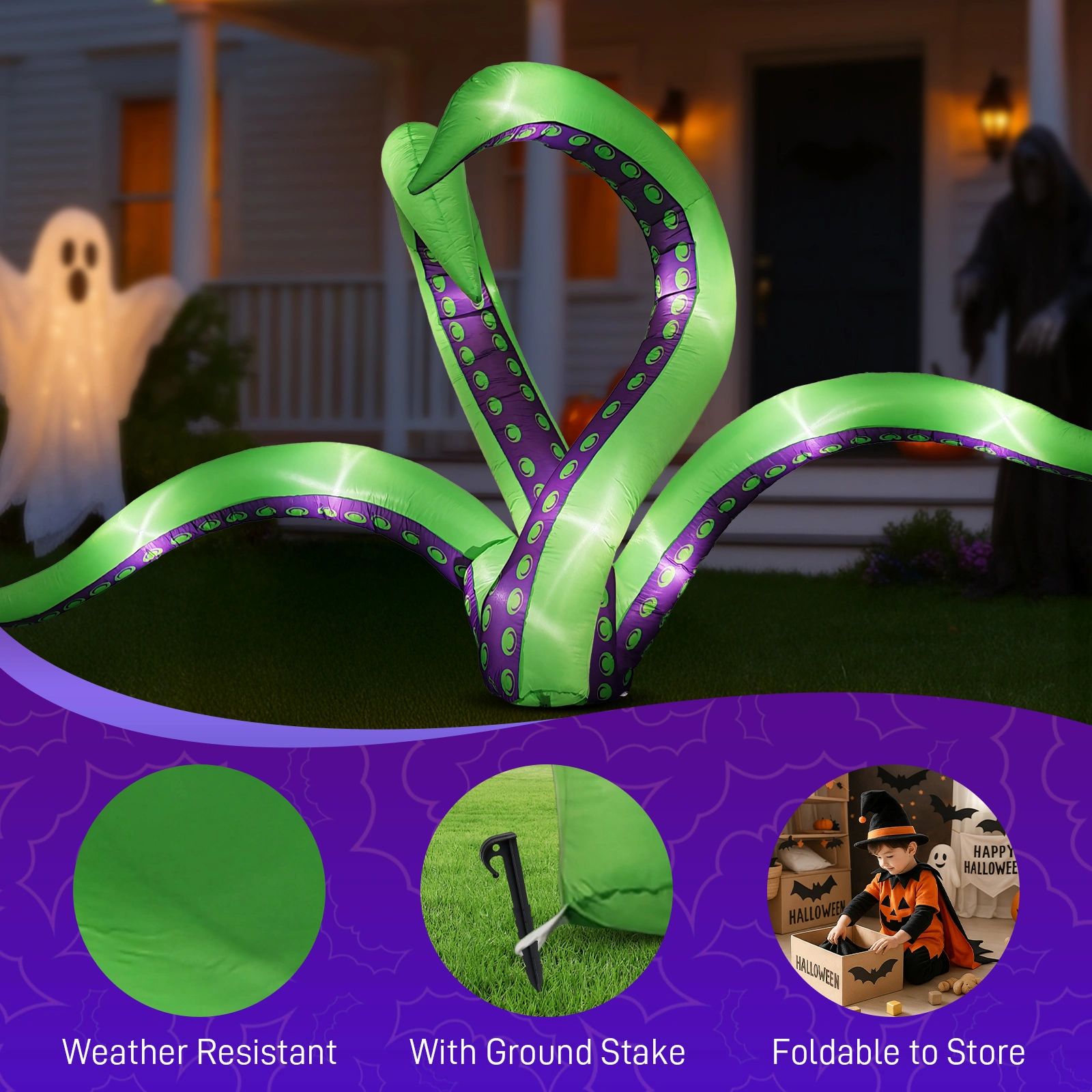 2 Pack Halloween Inflatable Octopus Tentacles Outdoor Decorations, Blow Up Hanging Decoration with Built-in LED Lights, Striking Window Decor for Halloween Party Outdoor Yard Garden Lawn Décor view 8