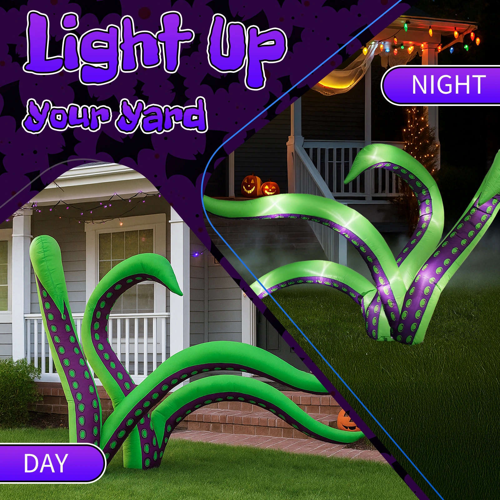 2 Pack Halloween Inflatable Octopus Tentacles Outdoor Decorations, Blow Up Hanging Decoration with Built-in LED Lights, Striking Window Decor for Halloween Party Outdoor Yard Garden Lawn Décor view 9