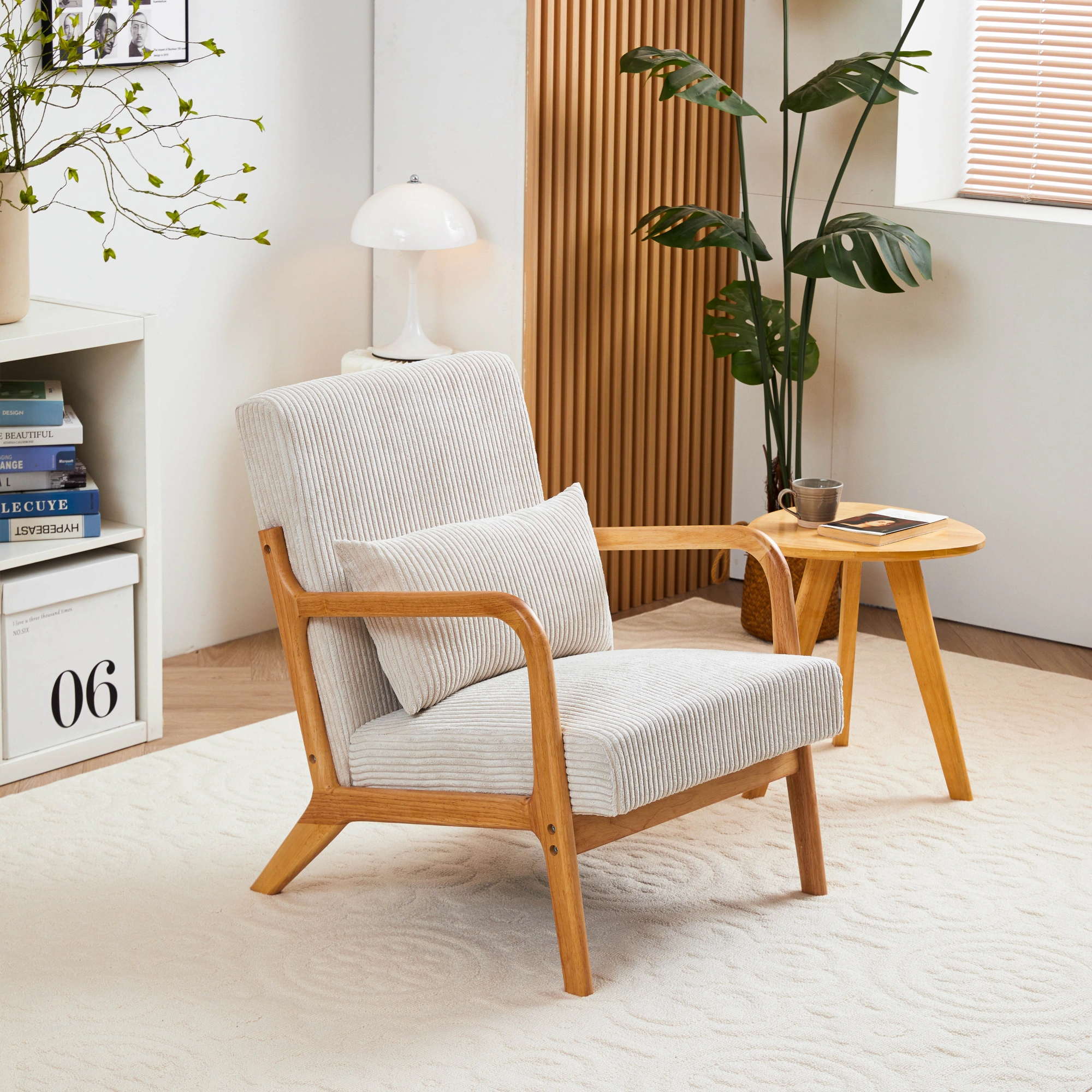 Mid-Century Modern Accent Chair with Pillow, Upholstered Arm Chair, Solid Wood Frame Living Room Bedroom Balcony Chair - Beige view 17