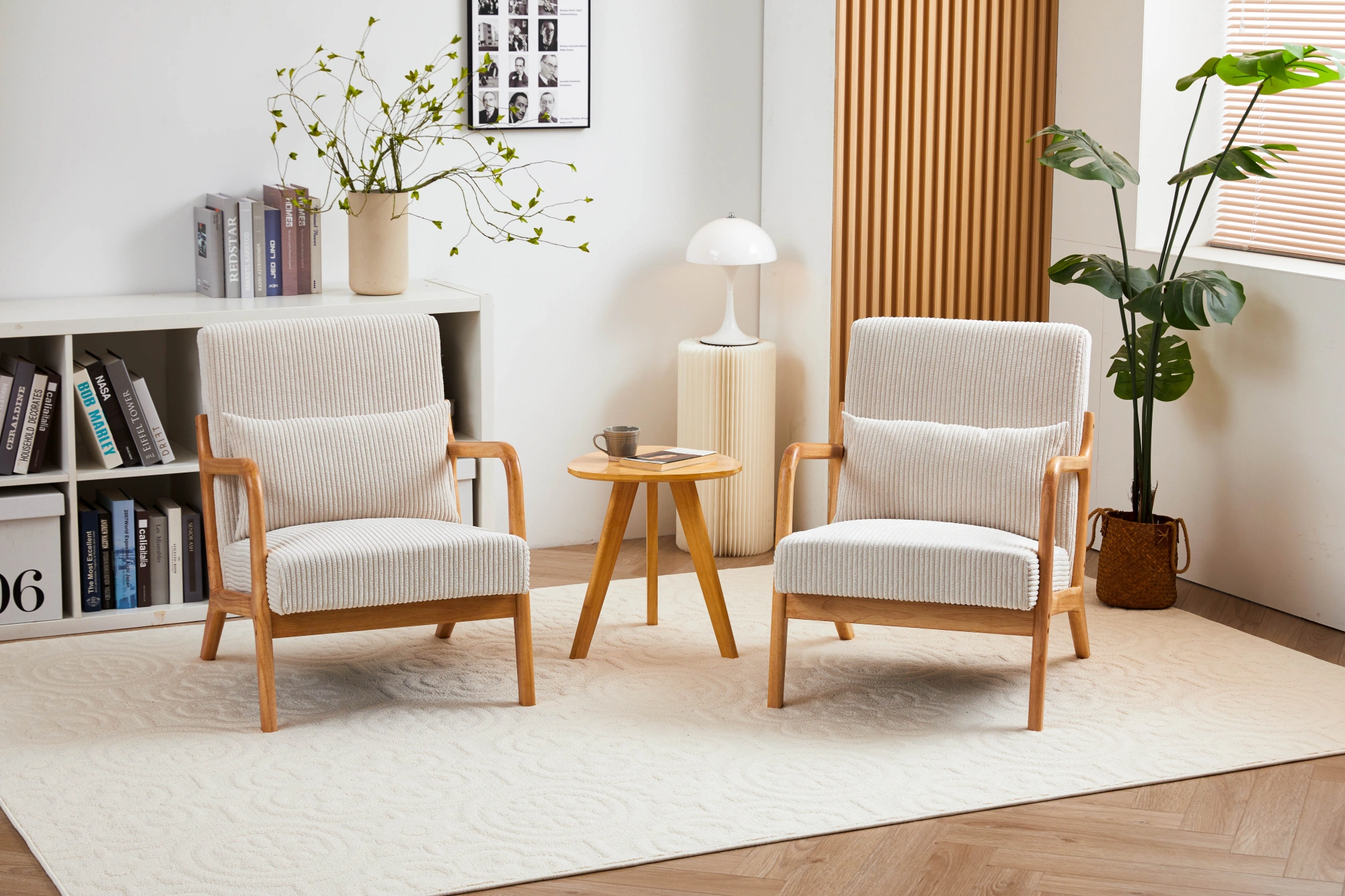 Mid-Century Modern Accent Chair with Pillow, Upholstered Arm Chair, Solid Wood Frame Living Room Bedroom Balcony Chair - Beige view 18