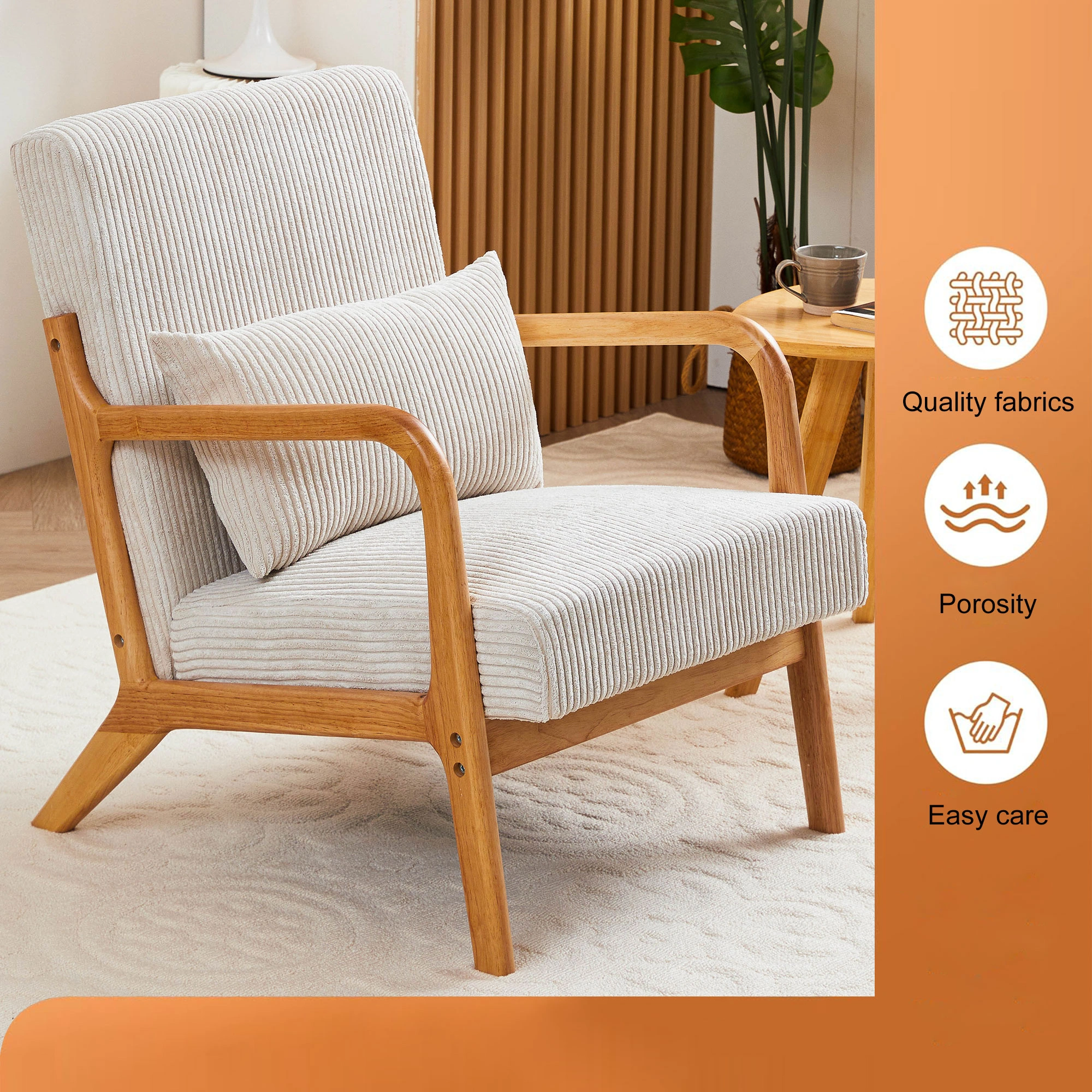 Mid-Century Modern Accent Chair with Pillow, Upholstered Arm Chair, Solid Wood Frame Living Room Bedroom Balcony Chair - Beige view 2
