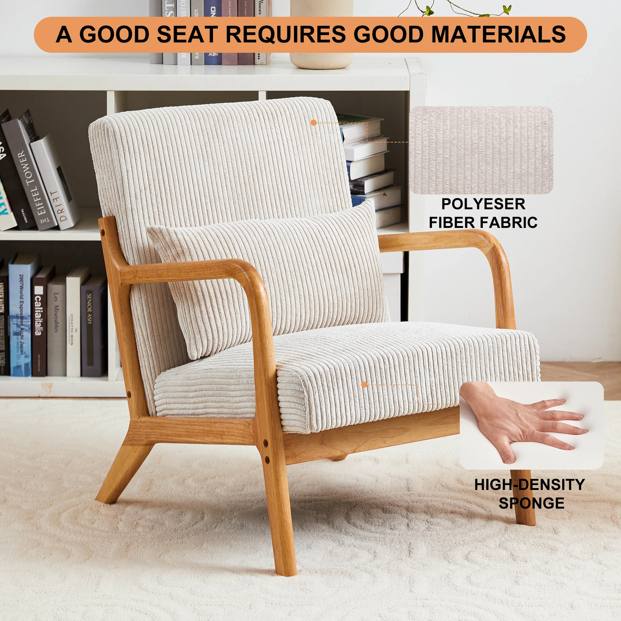 Mid-Century Modern Accent Chair with Pillow, Upholstered Arm Chair, Solid Wood Frame Living Room Bedroom Balcony Chair - Beige view 3