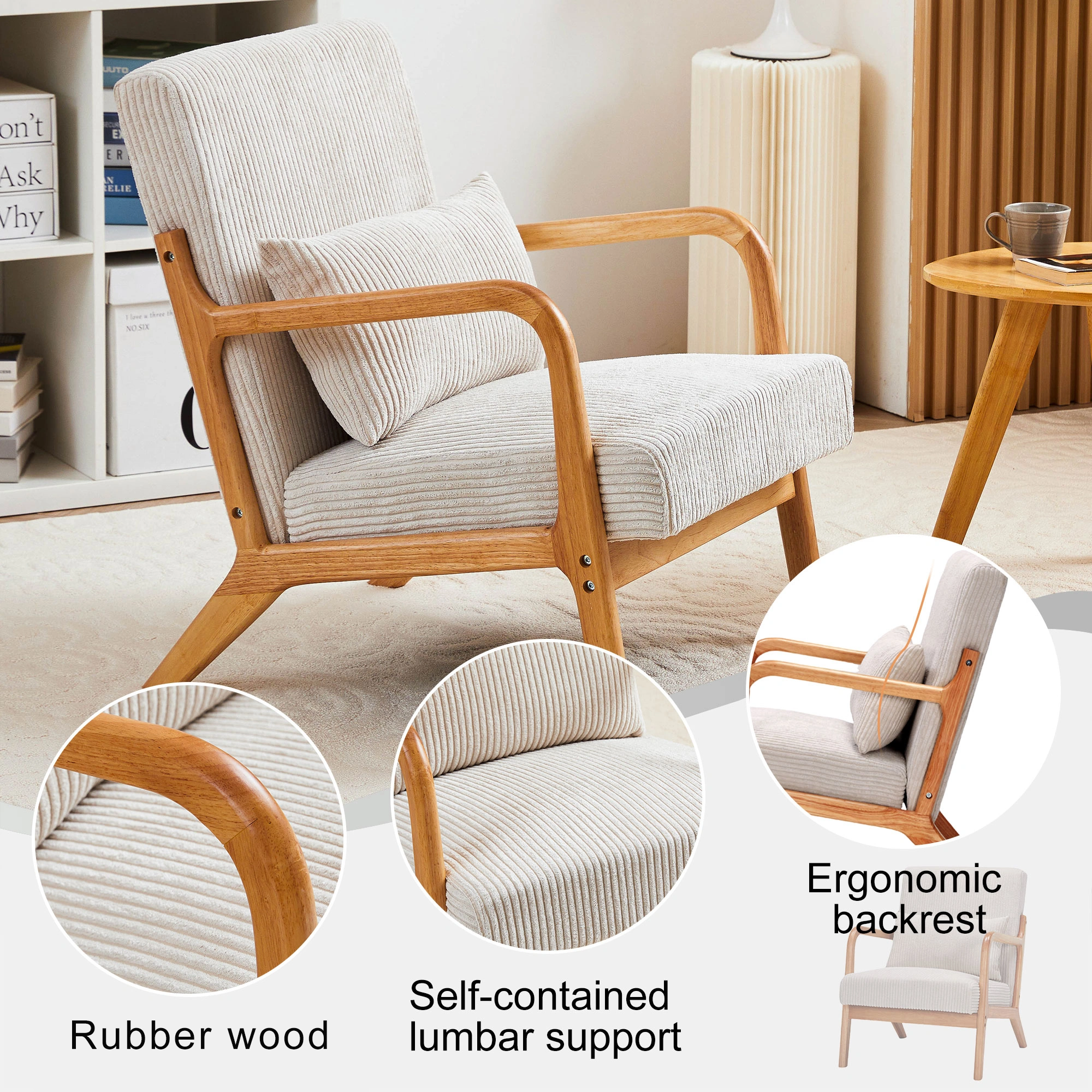 Mid-Century Modern Accent Chair with Pillow, Upholstered Arm Chair, Solid Wood Frame Living Room Bedroom Balcony Chair - Beige view 5