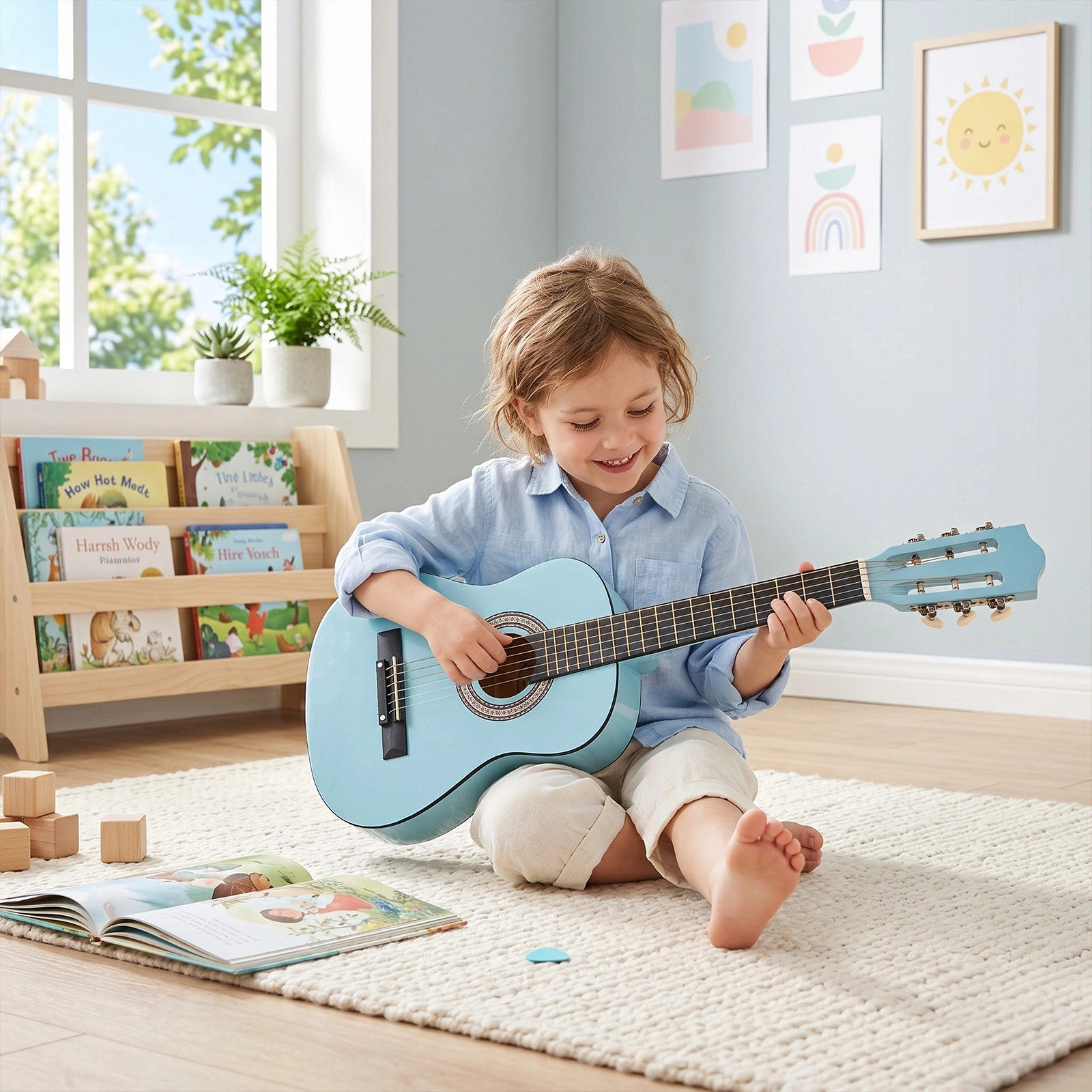 Sky-blue color 30-inch Round Acoustic Guitar with Picks, Strings, Capo, Case, Tuner, and Strap view 10