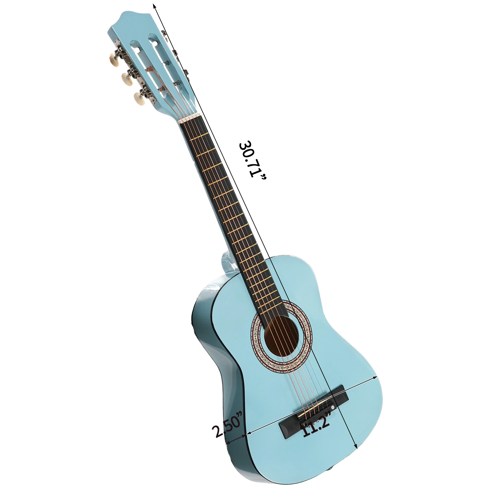 Sky-blue color 30-inch Round Acoustic Guitar with Picks, Strings, Capo, Case, Tuner, and Strap view 2