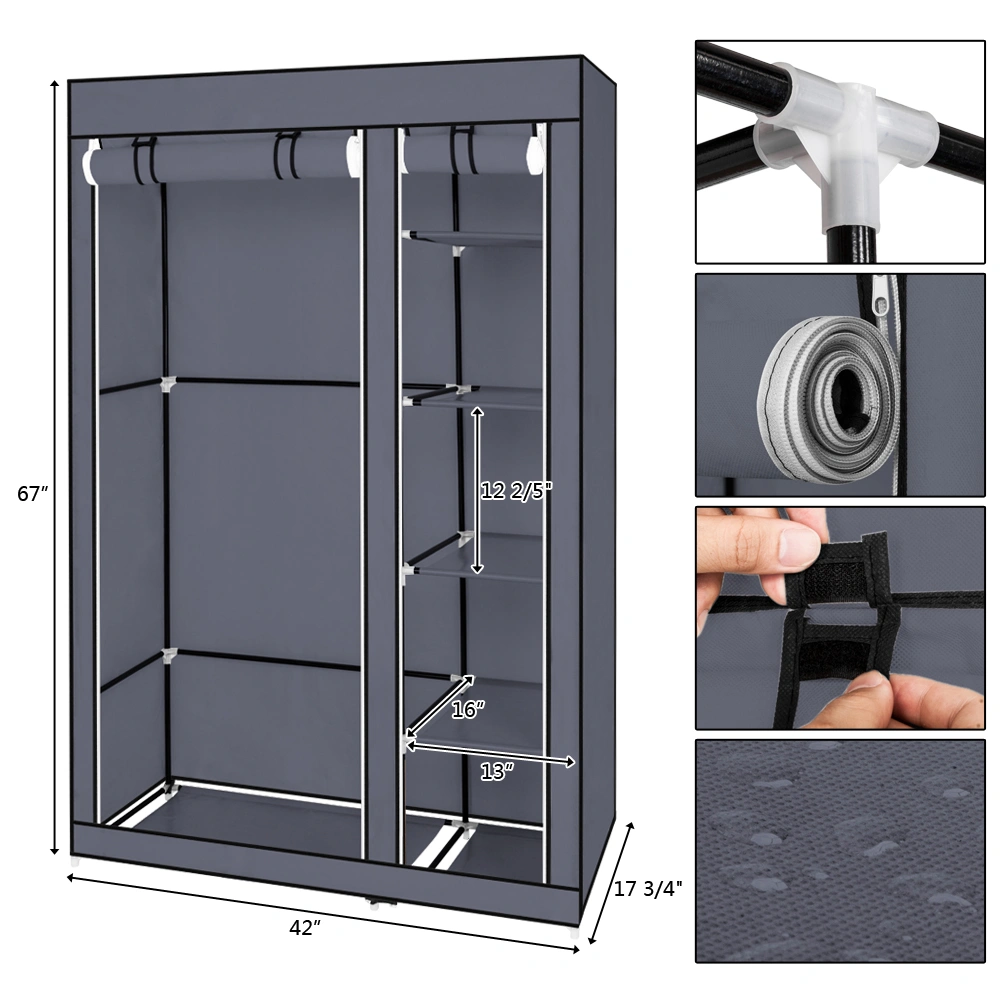 67" Portable Wardrobe Closet w/Non-Woven Fabric & Hanging Rod Easy Assemble Gray view 16