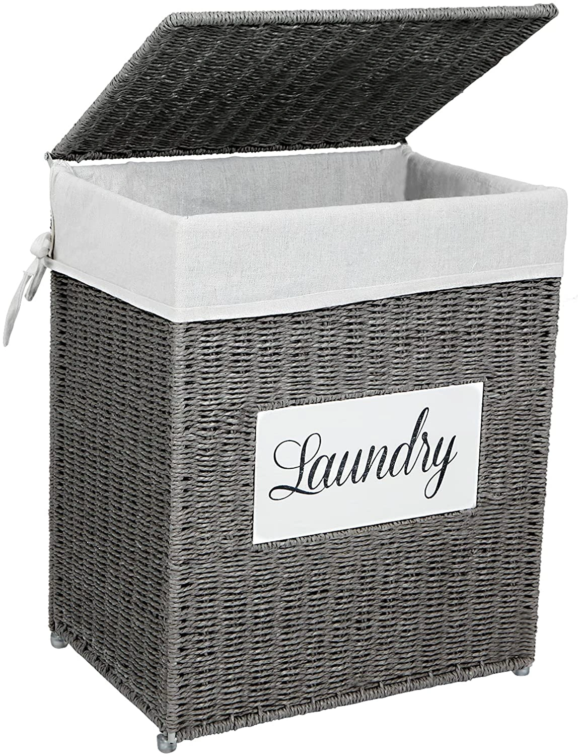 Grey Paper Woven Laundry Hamper with Lid Handles Liner Bag Clothes Storage Basket
