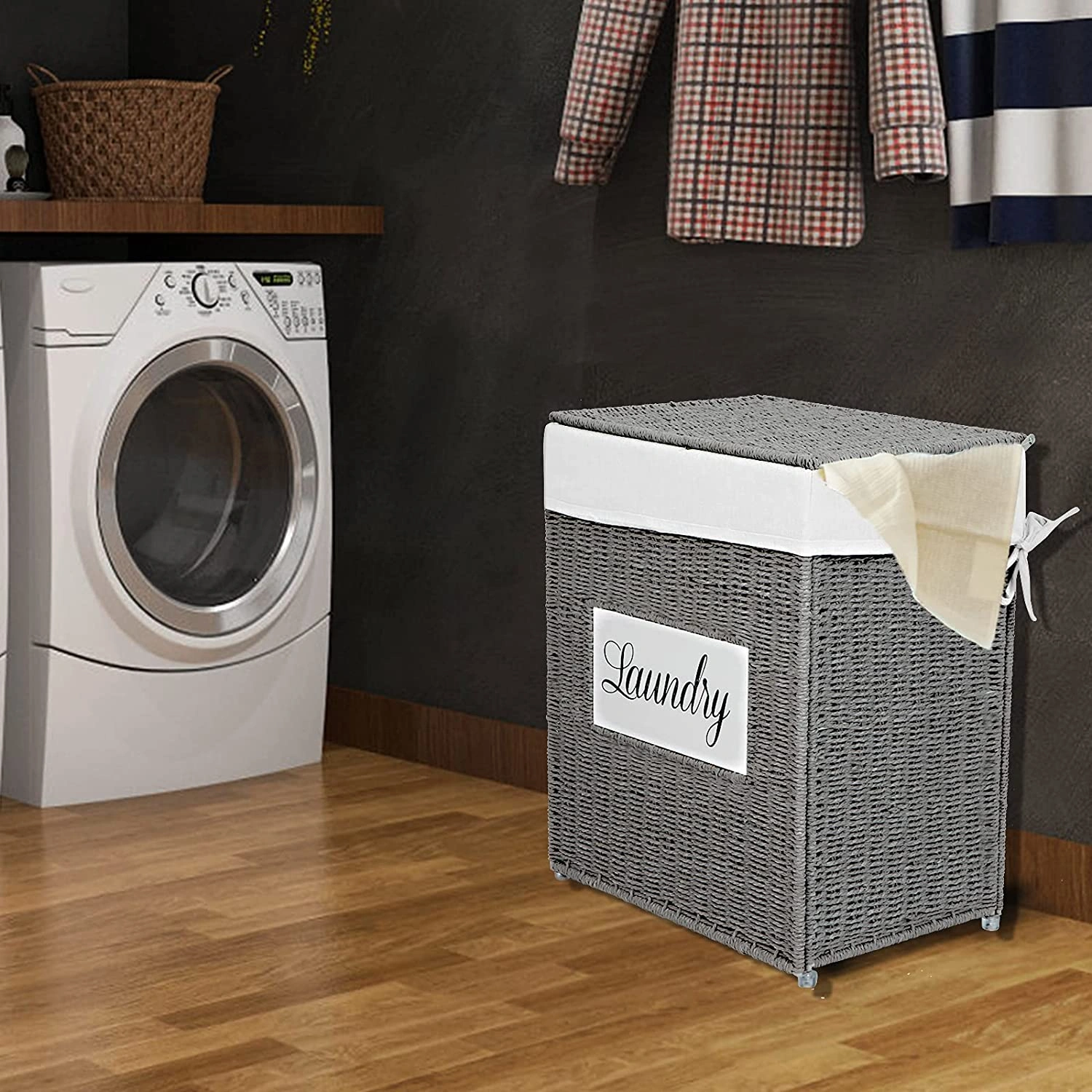 Grey Paper Woven Laundry Hamper with Lid Handles Liner Bag Clothes Storage Basket view 2