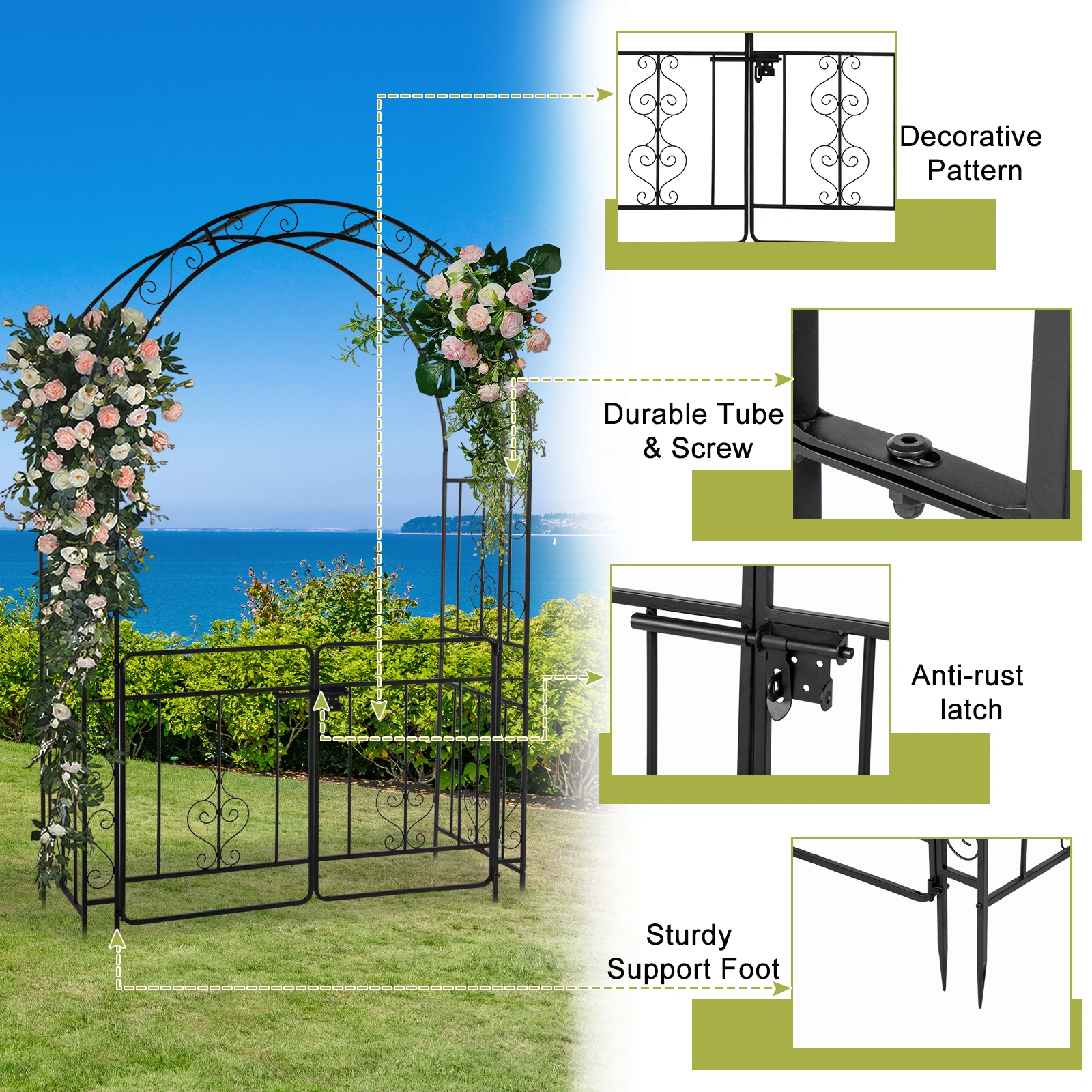 134.5*58.5*213cm Arc Roof Double Layer With Door Wrought Iron Iron Arch Courtyard Black view 15