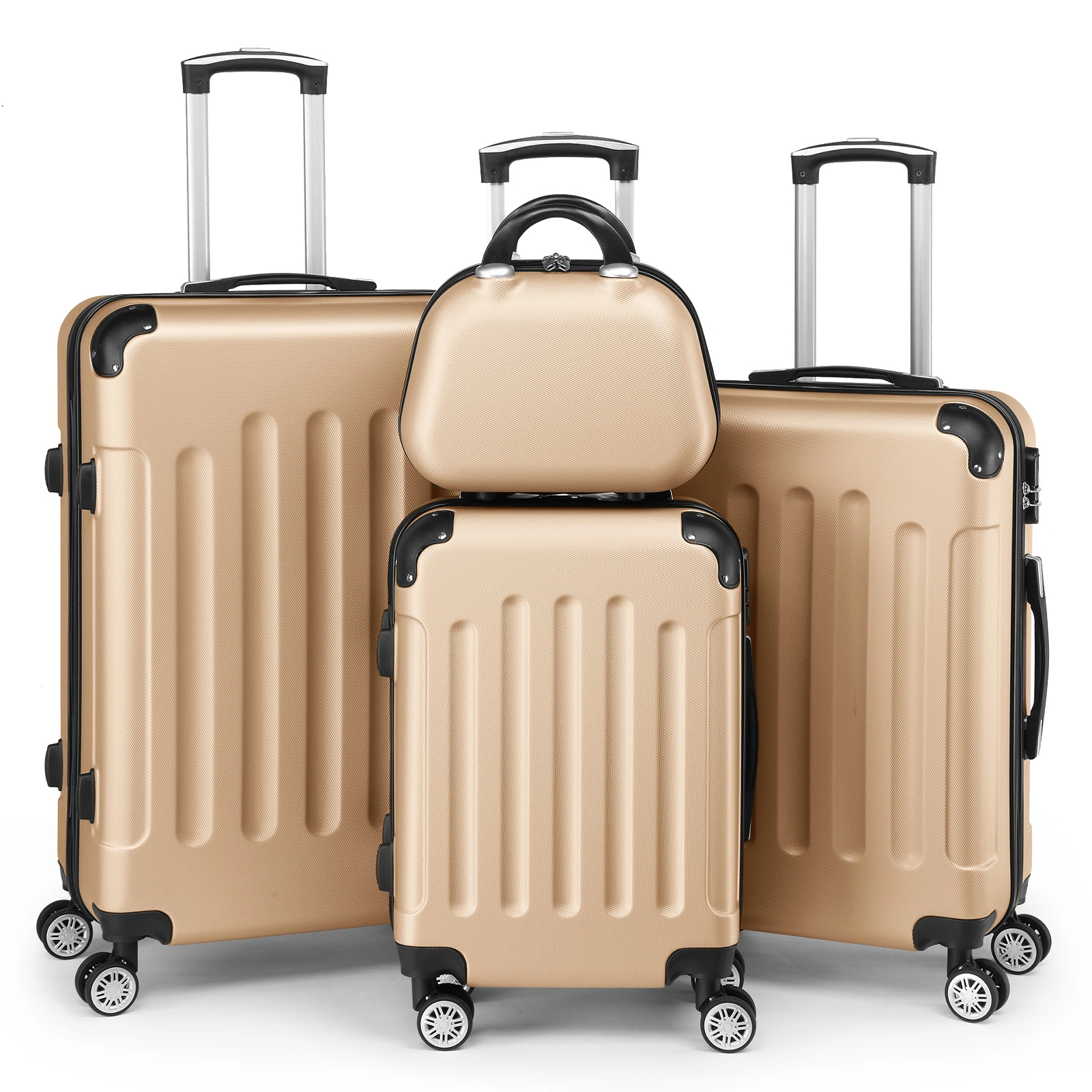 4-Piece ABS Luggage Set 20in+24in+28in Suitcases + 12in Carry-On, Corner-Protected, Steel Telescopic Handle, Champagne Gold