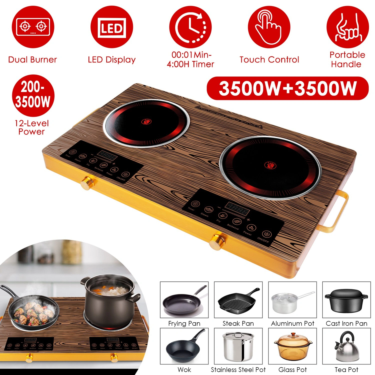 7000W Double Burner Electric Cooktop 110V, 2x3500W Hot Plate, 4 Preset Modes Steam/Fry/BBQ/Power, 11-Level Control, Easy-Clean Glass Surface, Portable view 10