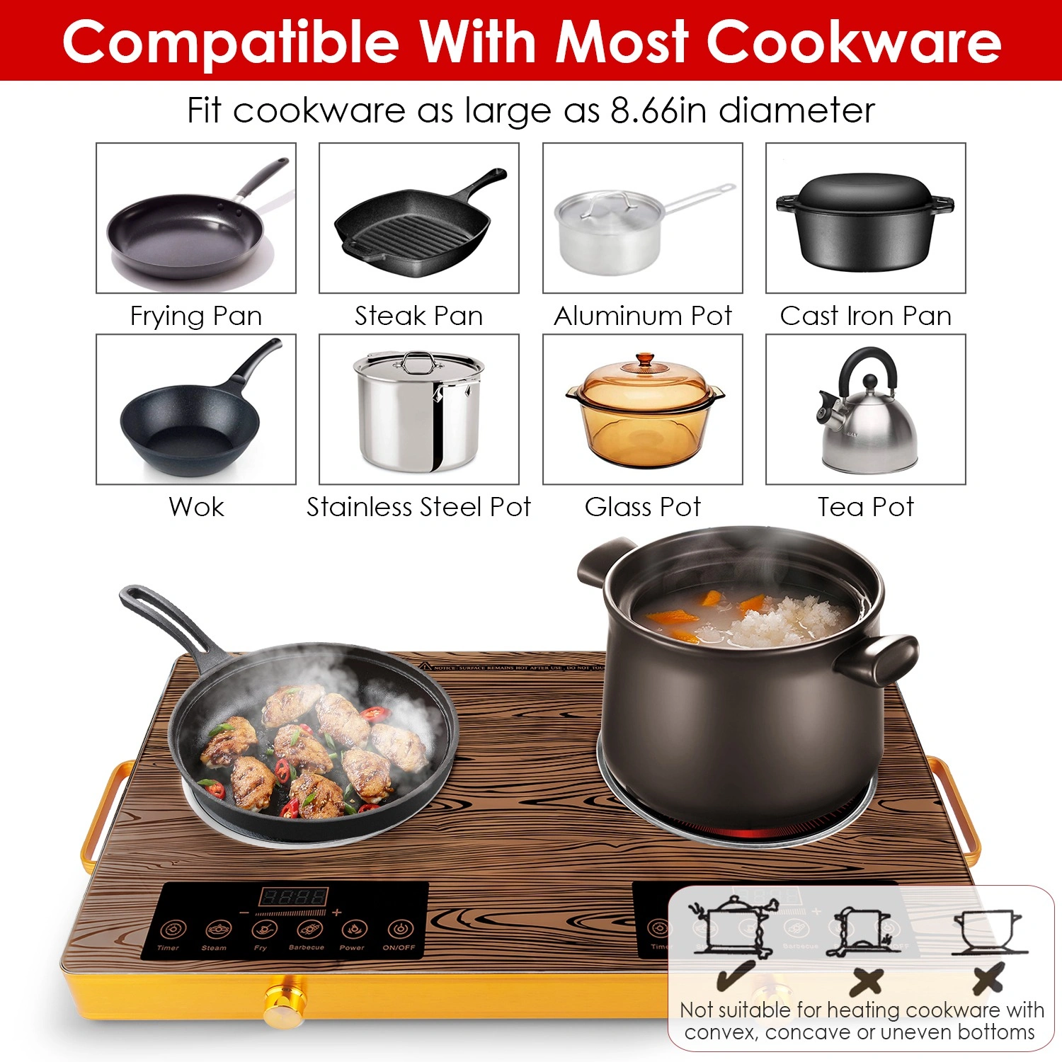 7000W Double Burner Electric Cooktop 110V, 2x3500W Hot Plate, 4 Preset Modes Steam/Fry/BBQ/Power, 11-Level Control, Easy-Clean Glass Surface, Portable view 2