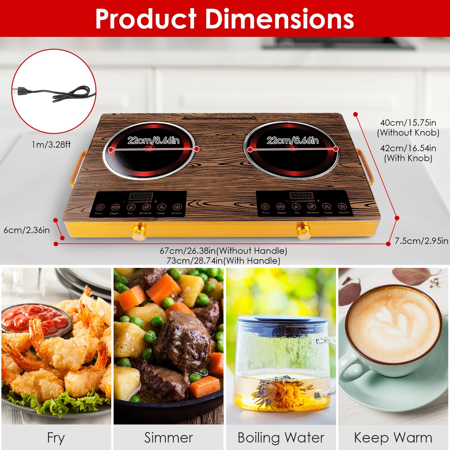7000W Double Burner Electric Cooktop 110V, 2x3500W Hot Plate, 4 Preset Modes Steam/Fry/BBQ/Power, 11-Level Control, Easy-Clean Glass Surface, Portable view 4