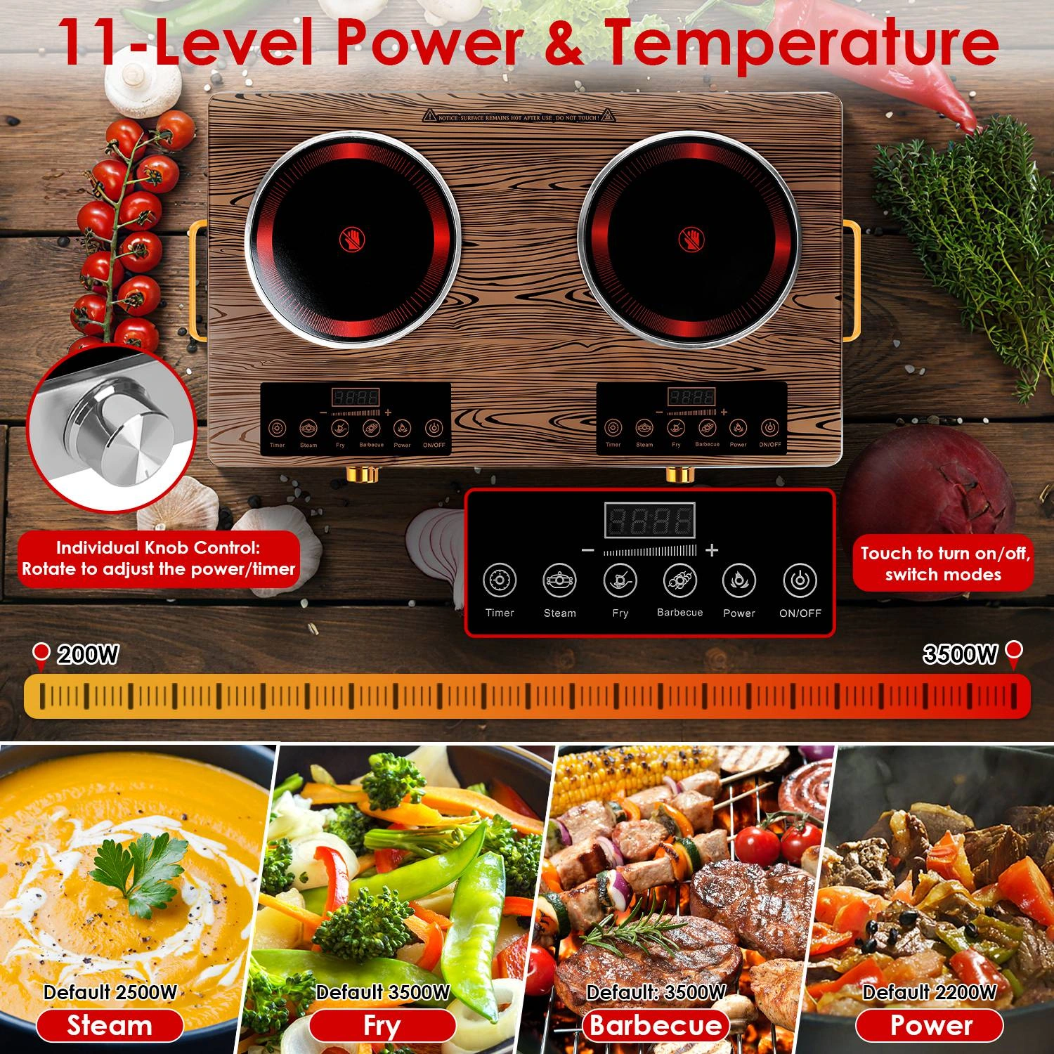 7000W Double Burner Electric Cooktop 110V, 2x3500W Hot Plate, 4 Preset Modes Steam/Fry/BBQ/Power, 11-Level Control, Easy-Clean Glass Surface, Portable view 5