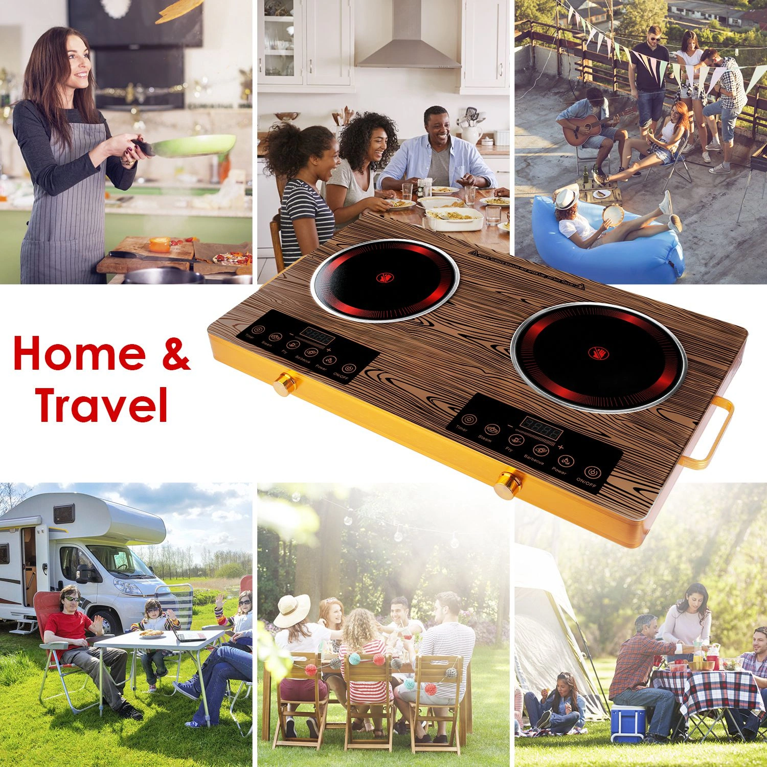 7000W Double Burner Electric Cooktop 110V, 2x3500W Hot Plate, 4 Preset Modes Steam/Fry/BBQ/Power, 11-Level Control, Easy-Clean Glass Surface, Portable view 6