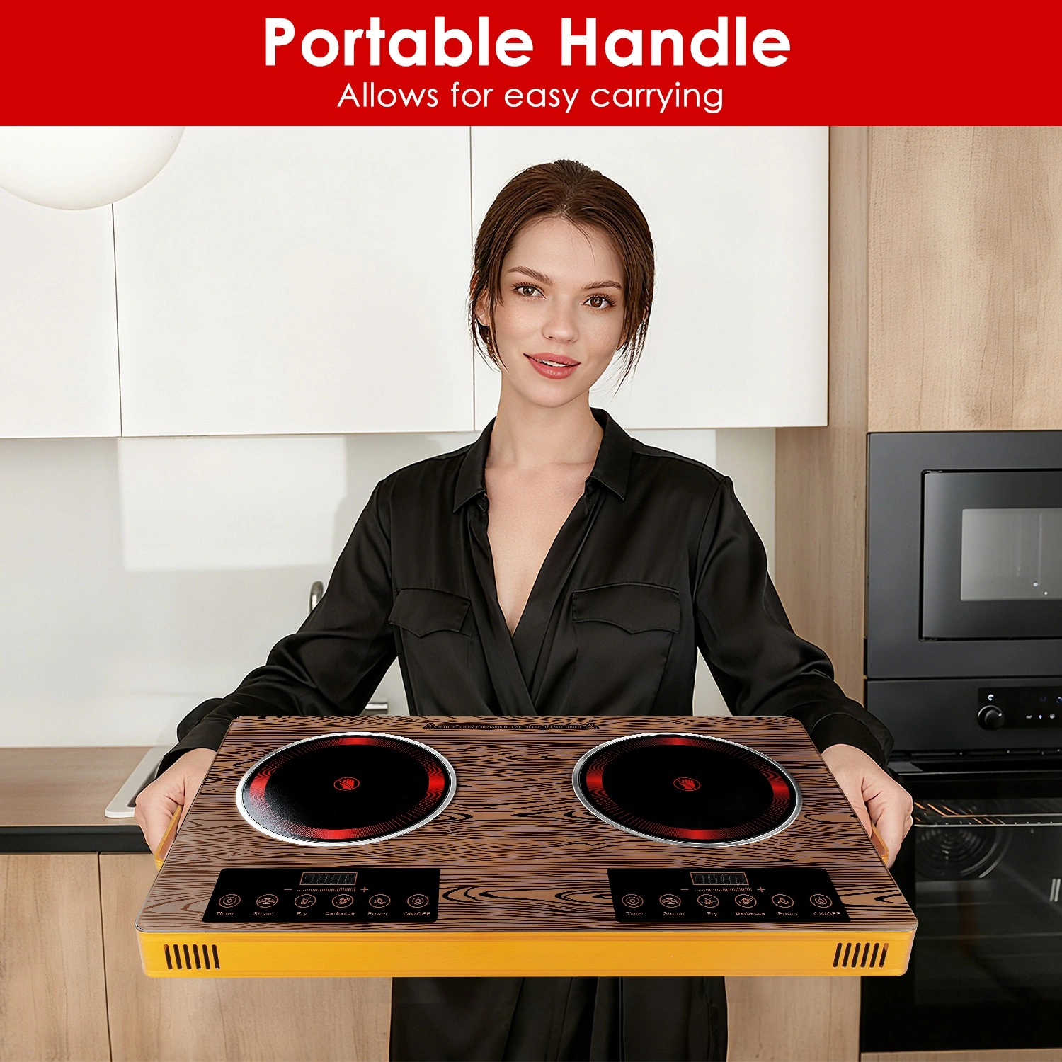 7000W Double Burner Electric Cooktop 110V, 2x3500W Hot Plate, 4 Preset Modes Steam/Fry/BBQ/Power, 11-Level Control, Easy-Clean Glass Surface, Portable view 7