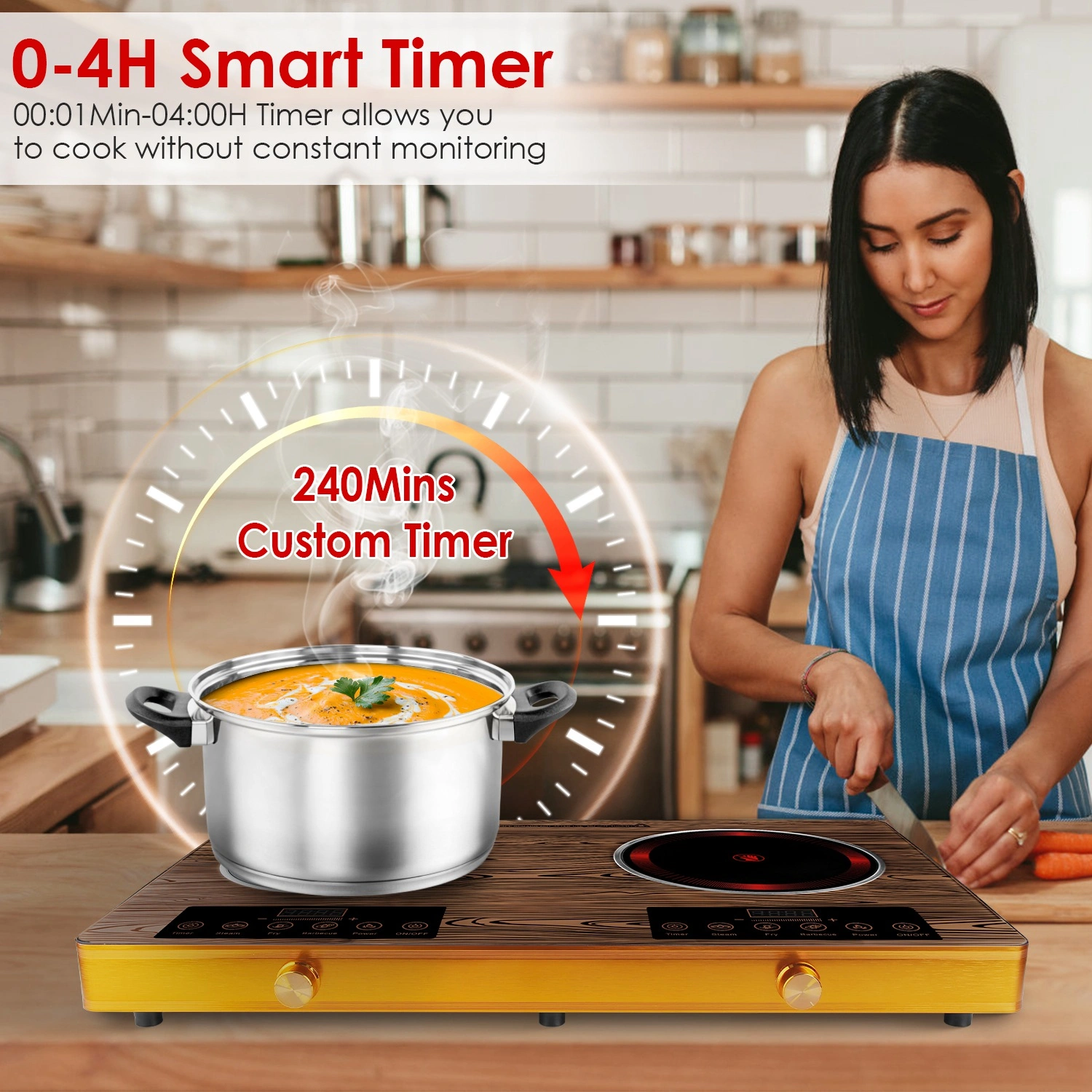 7000W Double Burner Electric Cooktop 110V, 2x3500W Hot Plate, 4 Preset Modes Steam/Fry/BBQ/Power, 11-Level Control, Easy-Clean Glass Surface, Portable view 9