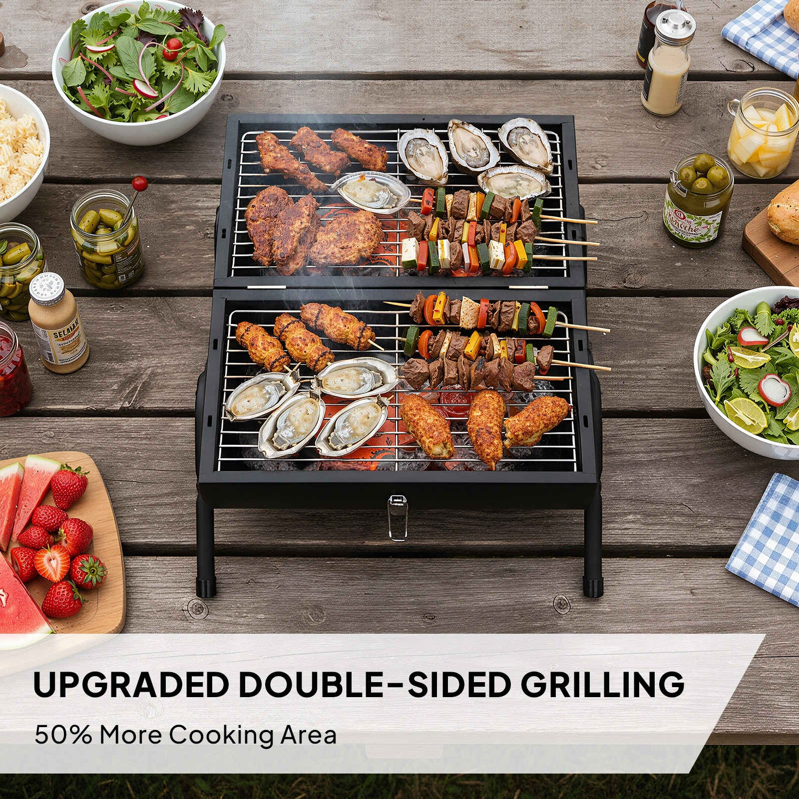 Portable Charcoal Grill Outdoor Stove, Two Side Carbon Griller for BBQ, Tabletop Barbecue Grill for Outdoor Camping Backyard Party, Black view 9