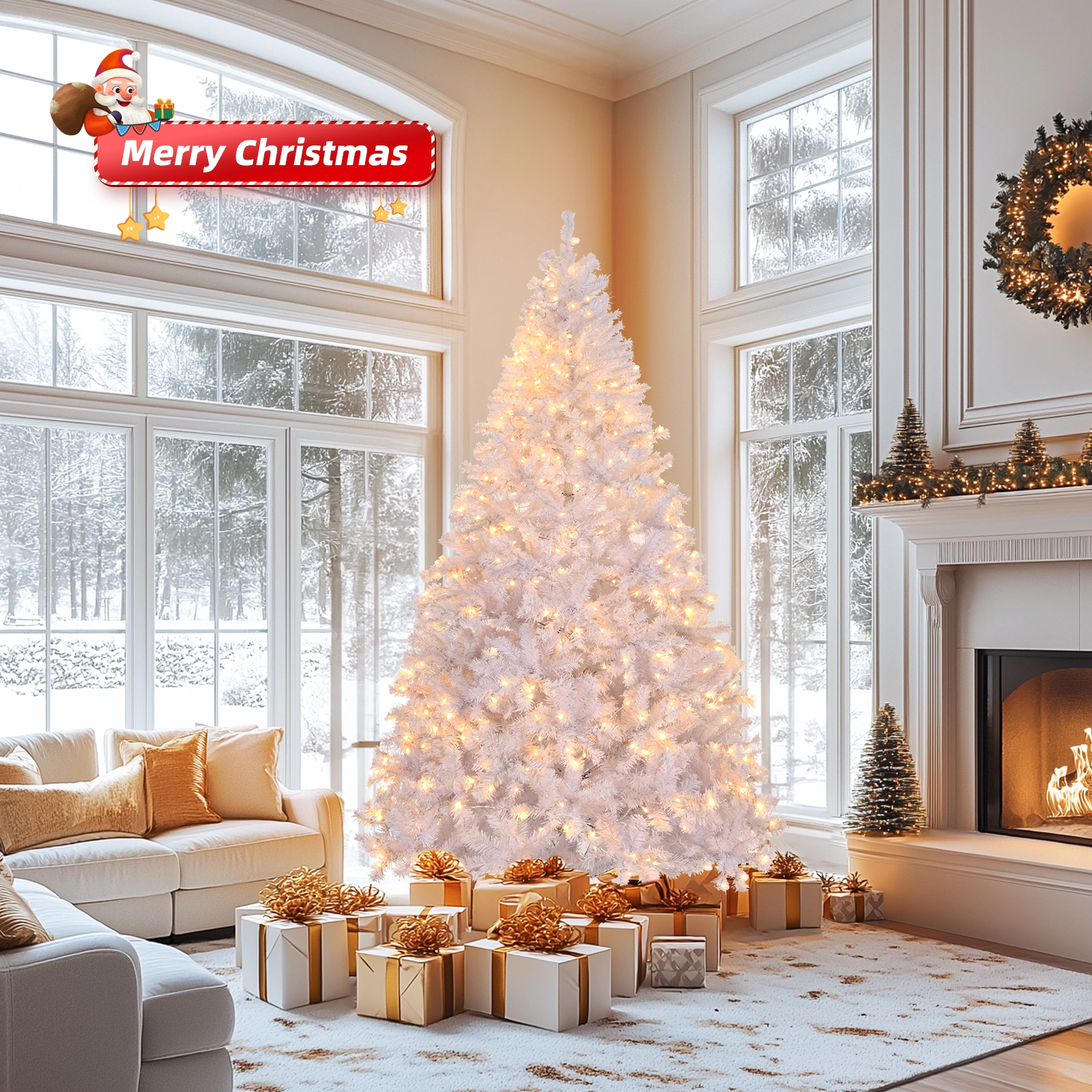 5 FT Artificial Christmas Tree with 80 Warm White Battery Operated Lights, 480 Branch Tips, Full Pre-Lit Pine Christmas Tree with Sturdy Metal Stand, White view 3