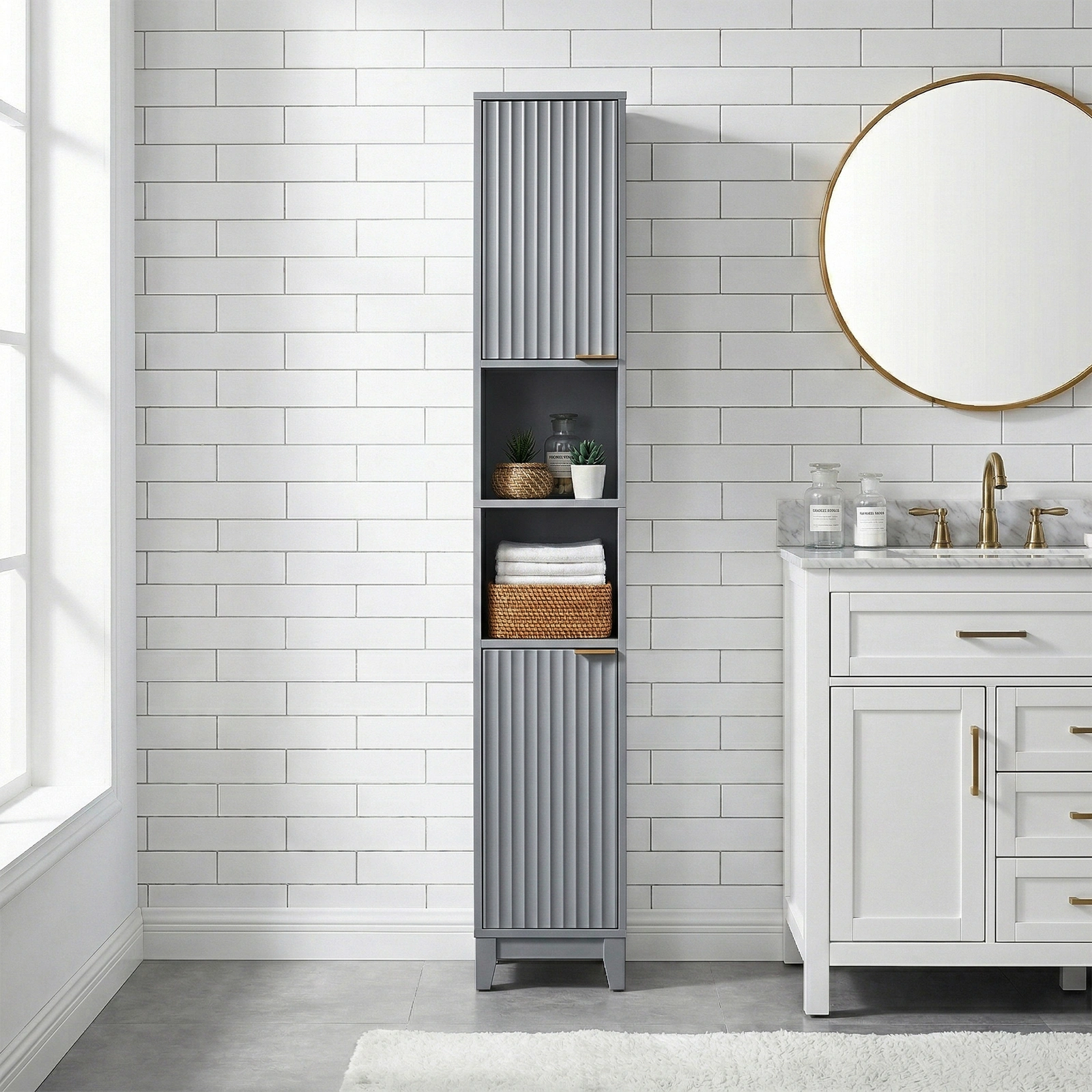 Gray particleboard with melamine veneer and MDF grid vacuum forming, 30*28*170cm, two doors and two shelves, bathroom vanity view 10