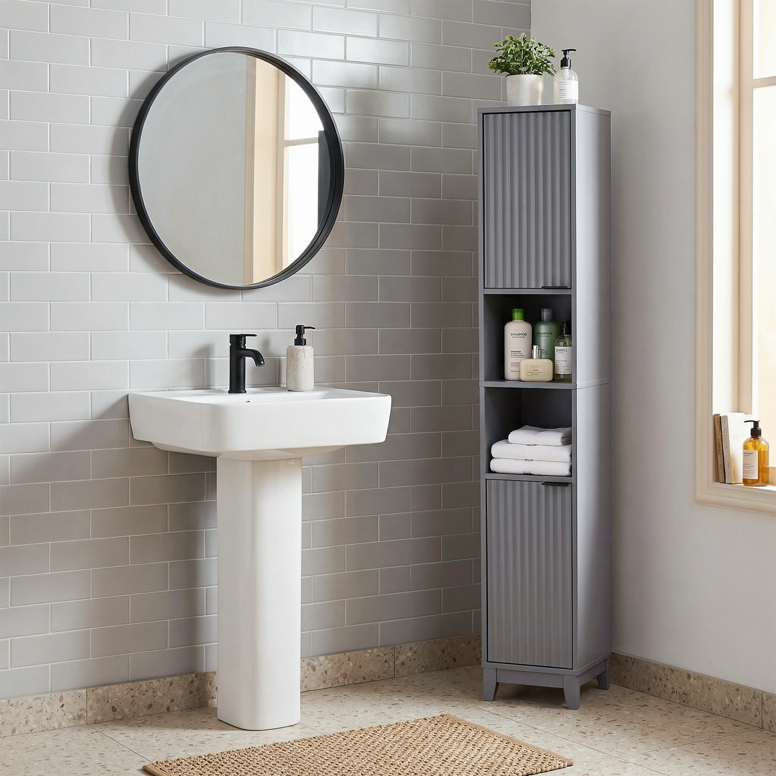 Gray particleboard with melamine veneer and MDF grid vacuum forming, 30*28*170cm, two doors and two shelves, bathroom vanity view 2