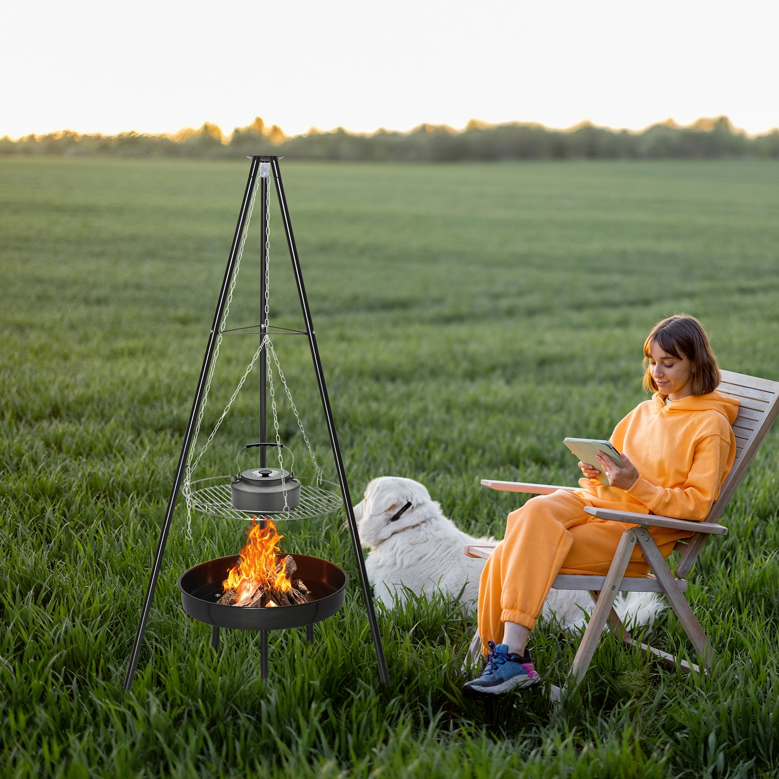 Campfire Tripod Grill, Adjustable Height BBQ Grill Grate with Fire Bowl for Outdoor Camping BBQ, Black view 13
