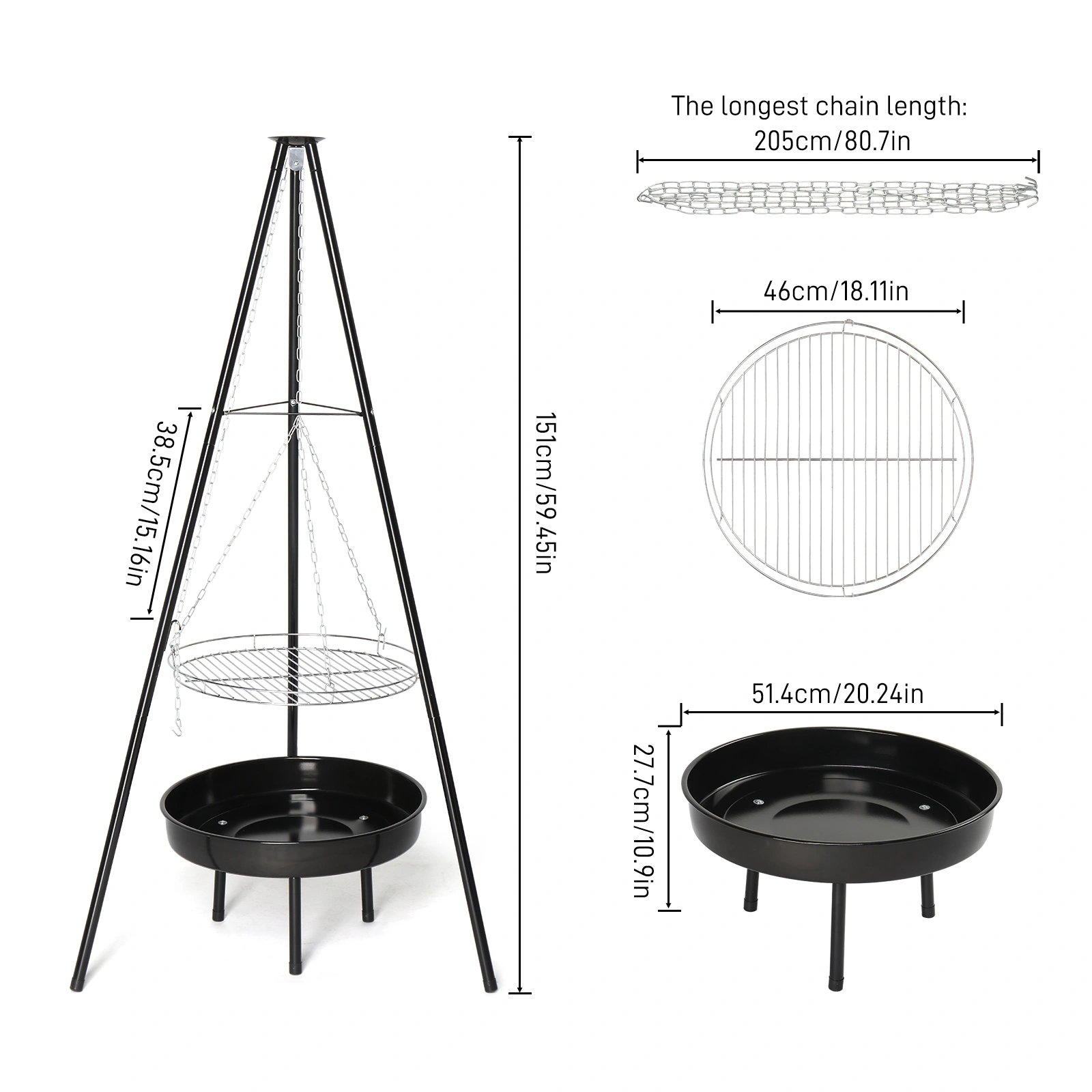 Campfire Tripod Grill, Adjustable Height BBQ Grill Grate with Fire Bowl for Outdoor Camping BBQ, Black view 4