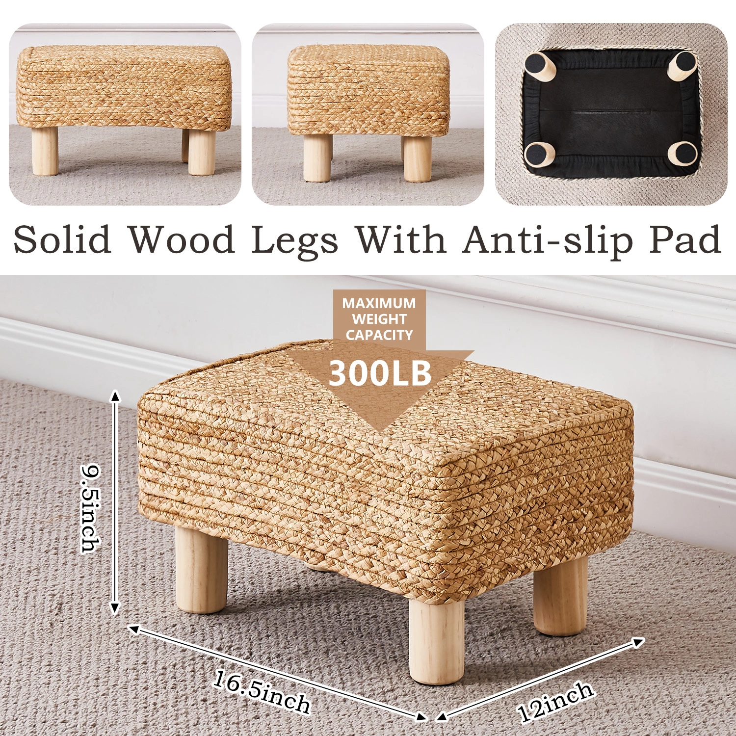 Natural Seagrass Rectangular Foot Stool Ottoman with Wooden Legs - Hand Woven Pouf Footrest for Living Room Bedroom Entryway view 2