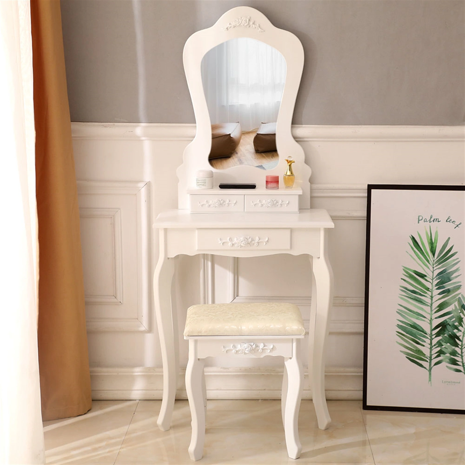 White Dressing Table with Irregular Shaped Mirror & 3 Drawers, Vanity Table