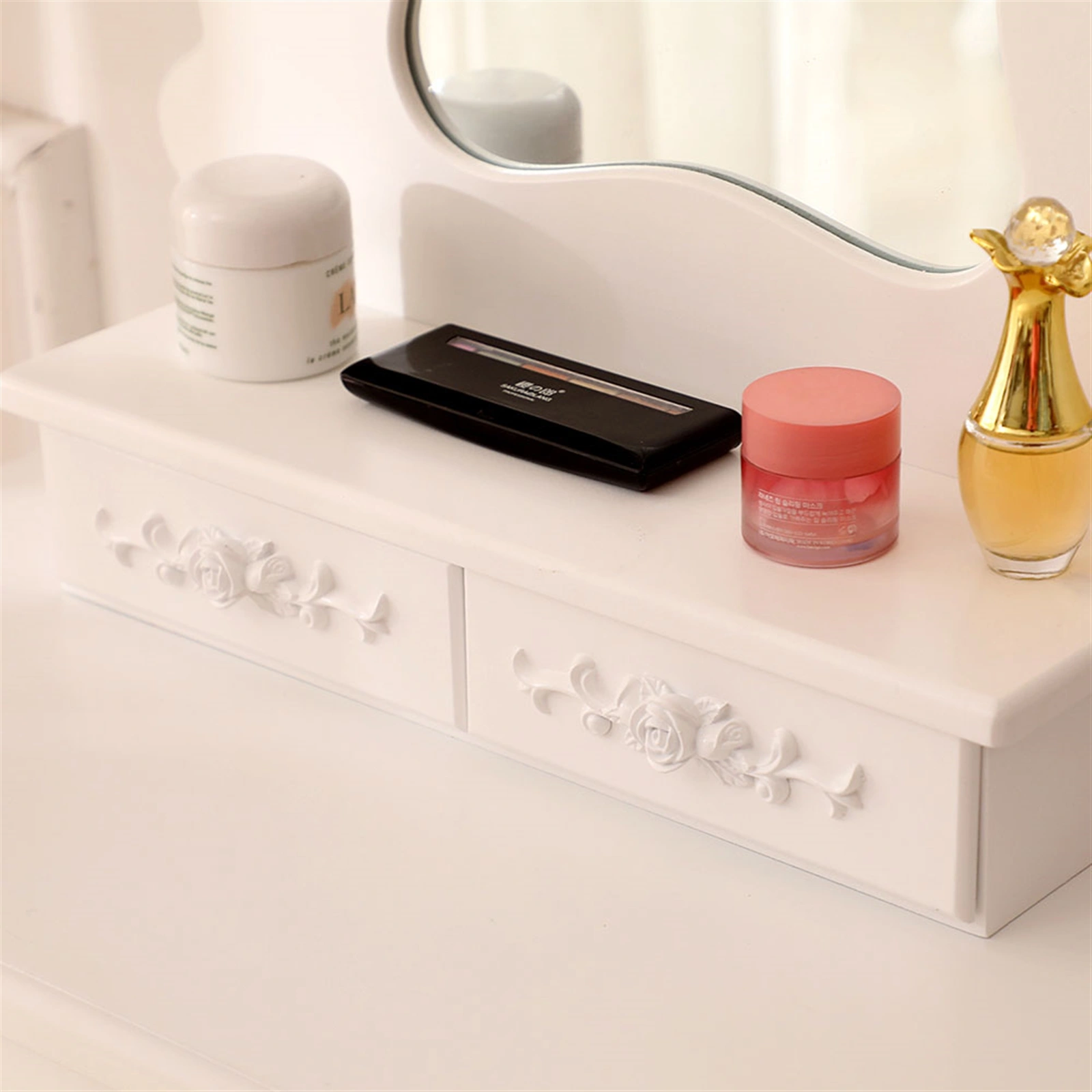 White Dressing Table with Irregular Shaped Mirror & 3 Drawers, Vanity Table view 2