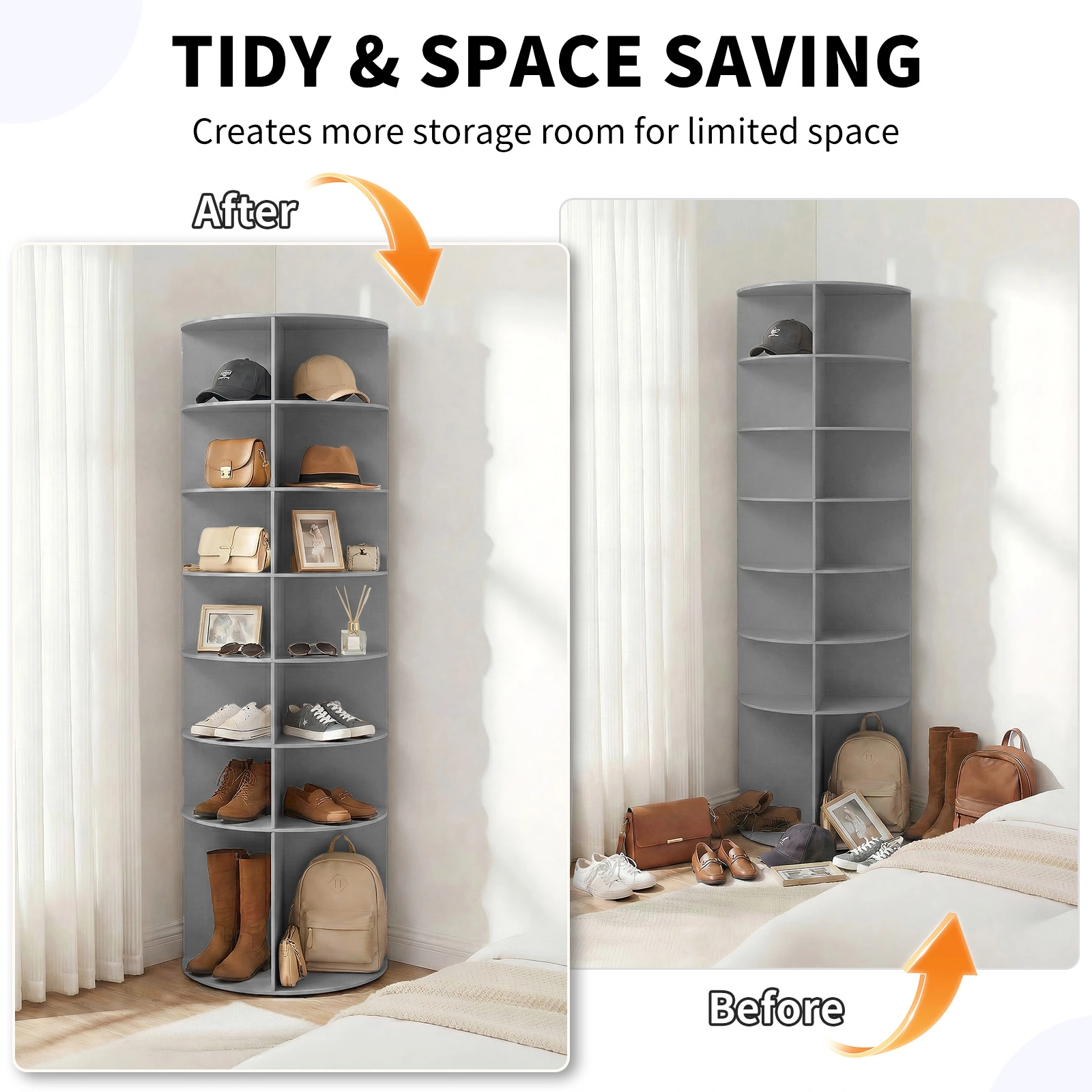 7-tier, 360° rotating wood-plastic composite shoe rack, 60*60*184cm, gray view 10