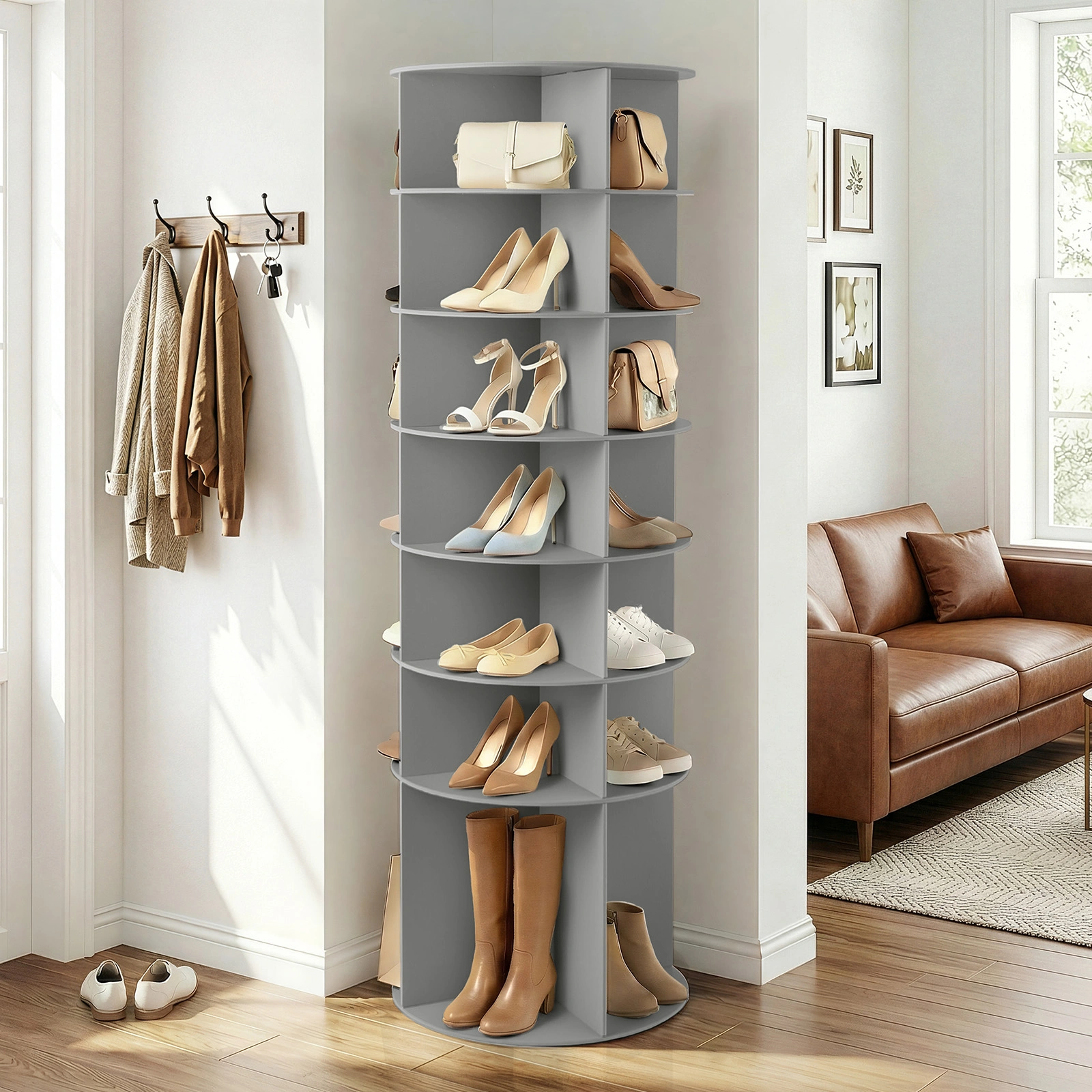7-tier, 360° rotating wood-plastic composite shoe rack, 60*60*184cm, gray view 14