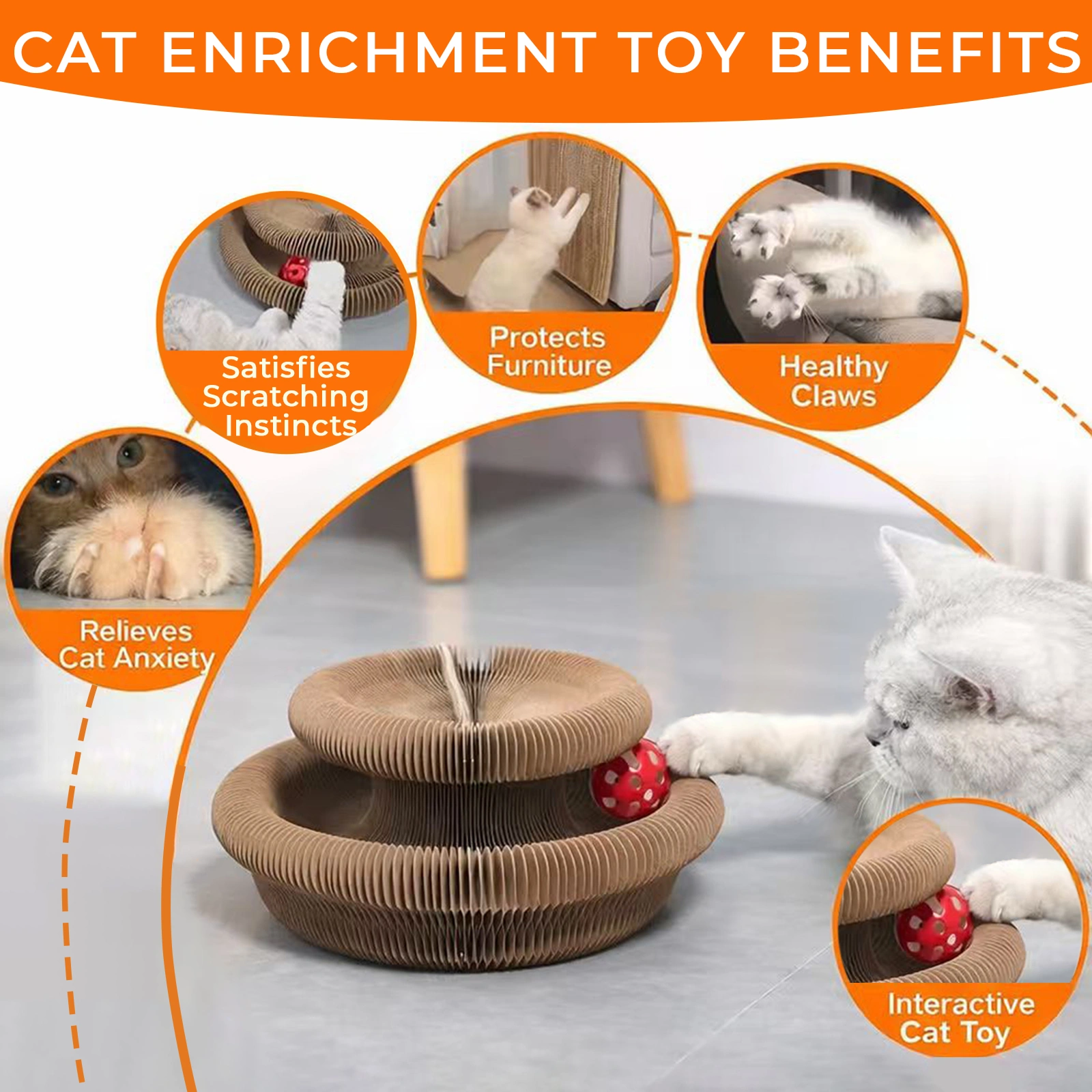 Kitty Curls Cat Toy - Foldable Accordion Cat Scratcher withBall - Magic Organ Cat Scratch Board for Interactive Play -Calming Features view 6