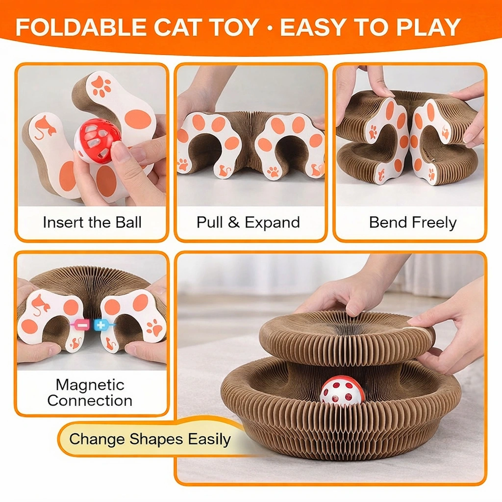 Kitty Curls Cat Toy - Foldable Accordion Cat Scratcher withBall - Magic Organ Cat Scratch Board for Interactive Play -Calming Features view 9