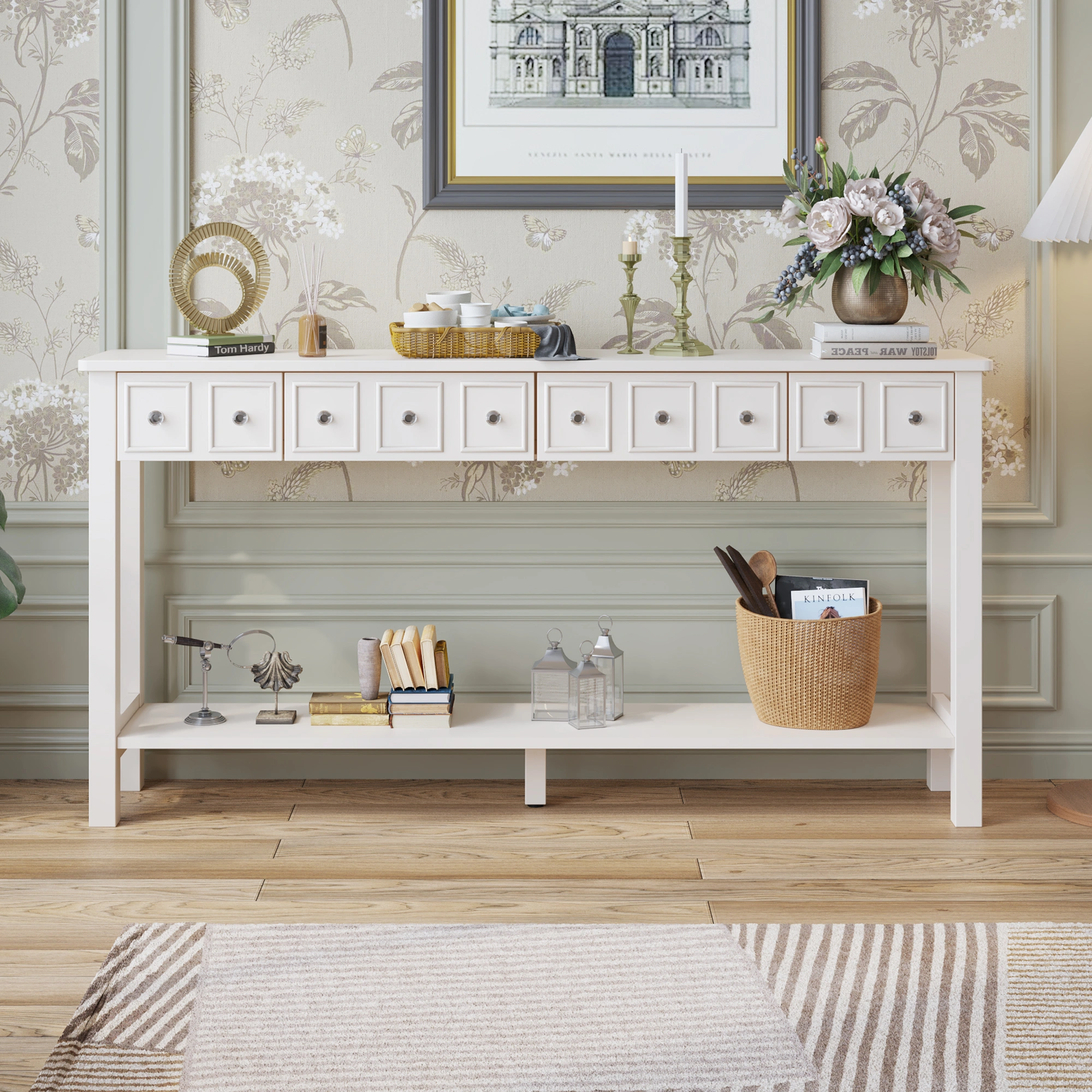 White Narrow Console Table with Multi-Size Drawers & Bottom Shelf, Entryway Hallway Storage Sofa Table