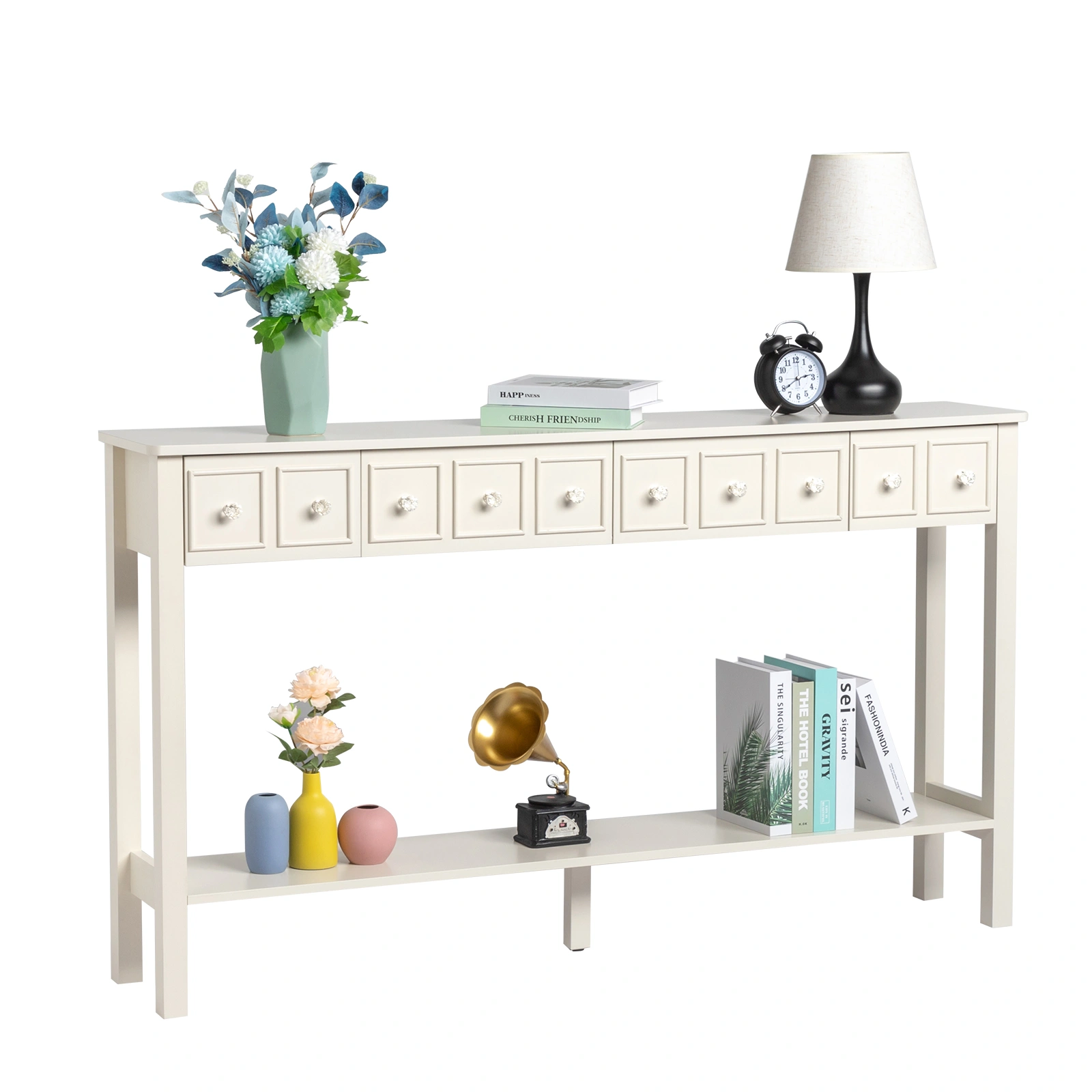 White Narrow Console Table with Multi-Size Drawers & Bottom Shelf, Entryway Hallway Storage Sofa Table view 11