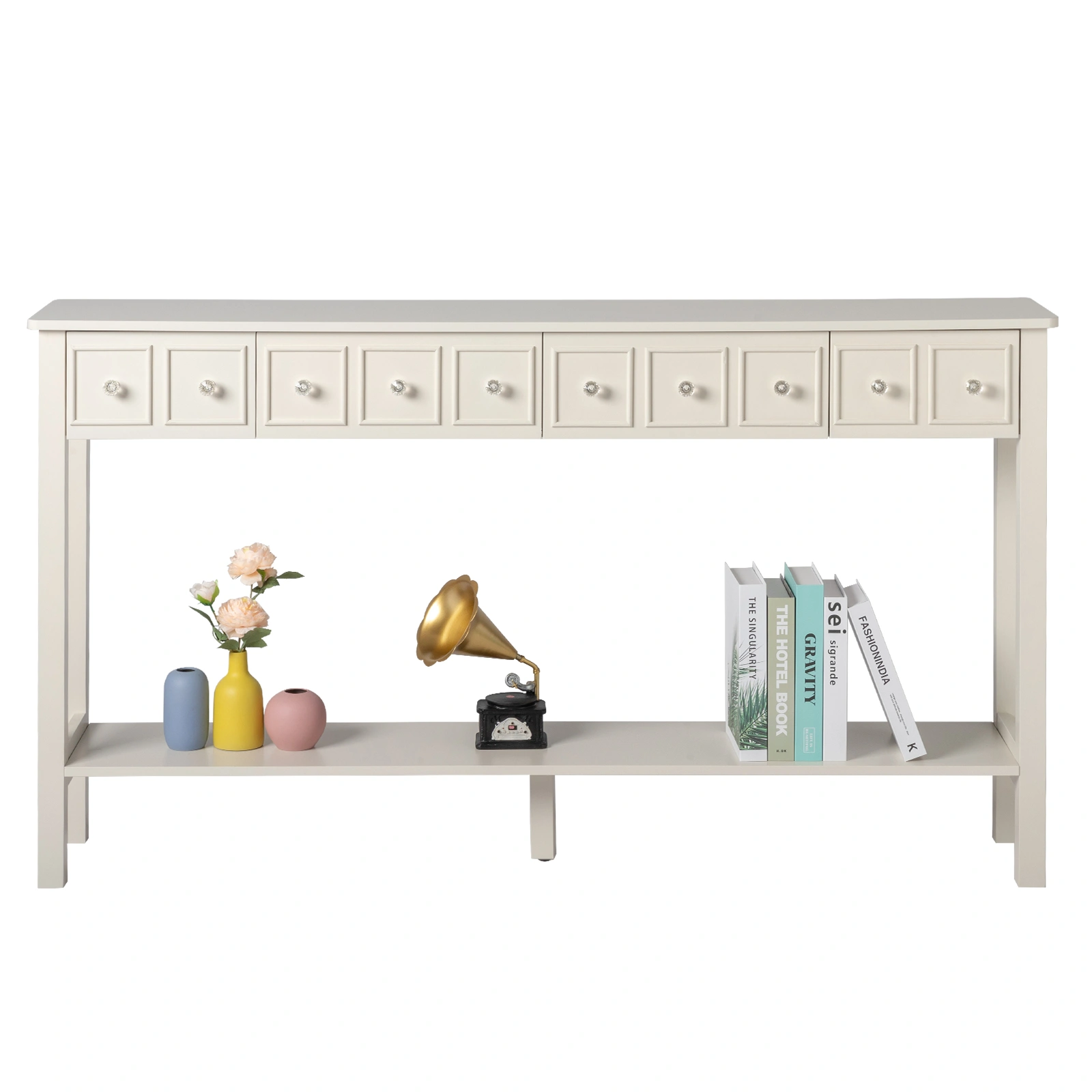 White Narrow Console Table with Multi-Size Drawers & Bottom Shelf, Entryway Hallway Storage Sofa Table view 12