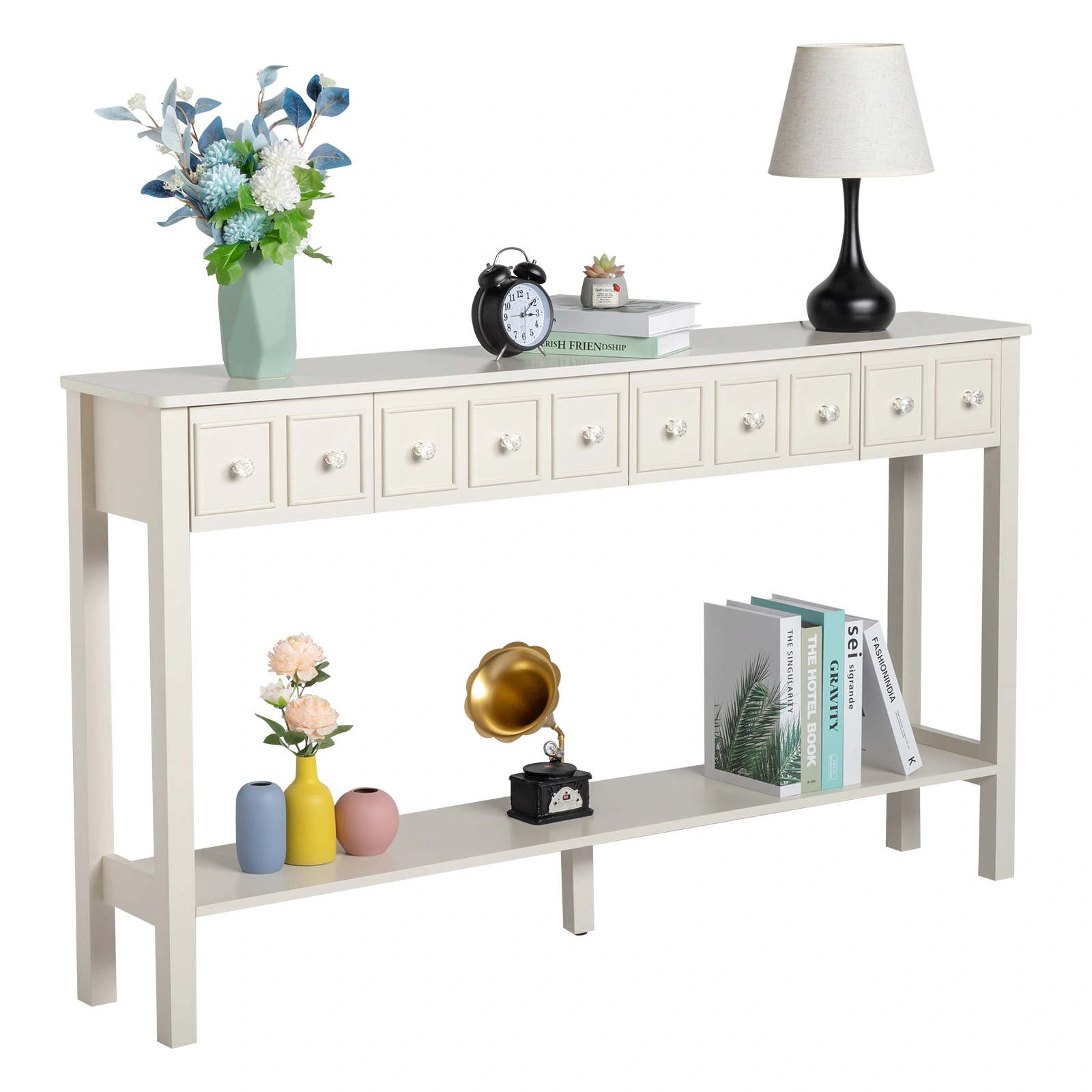 White Narrow Console Table with Multi-Size Drawers & Bottom Shelf, Entryway Hallway Storage Sofa Table view 13