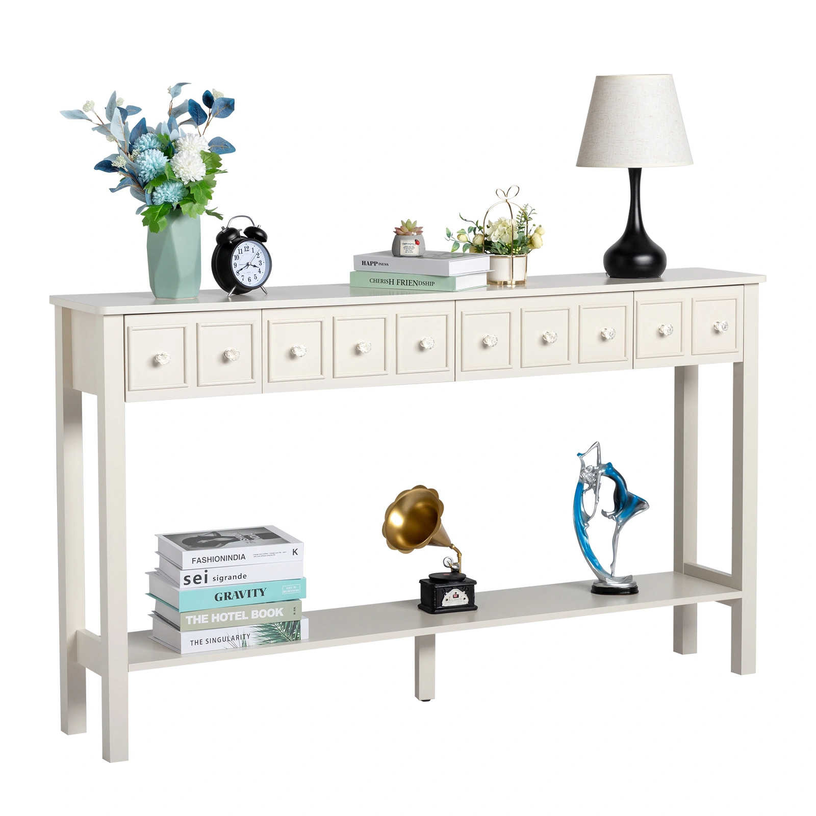White Narrow Console Table with Multi-Size Drawers & Bottom Shelf, Entryway Hallway Storage Sofa Table view 14