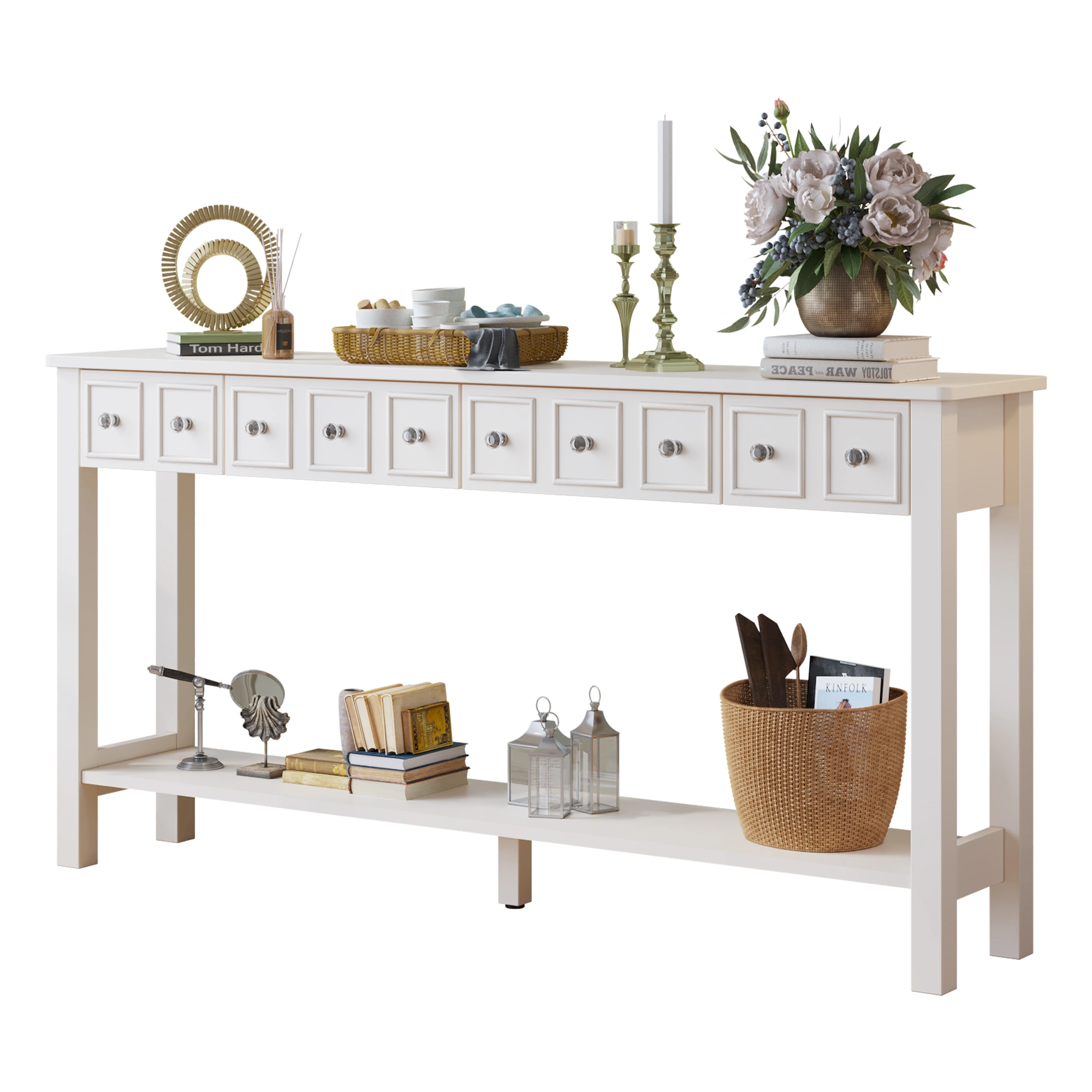 White Narrow Console Table with Multi-Size Drawers & Bottom Shelf, Entryway Hallway Storage Sofa Table view 15