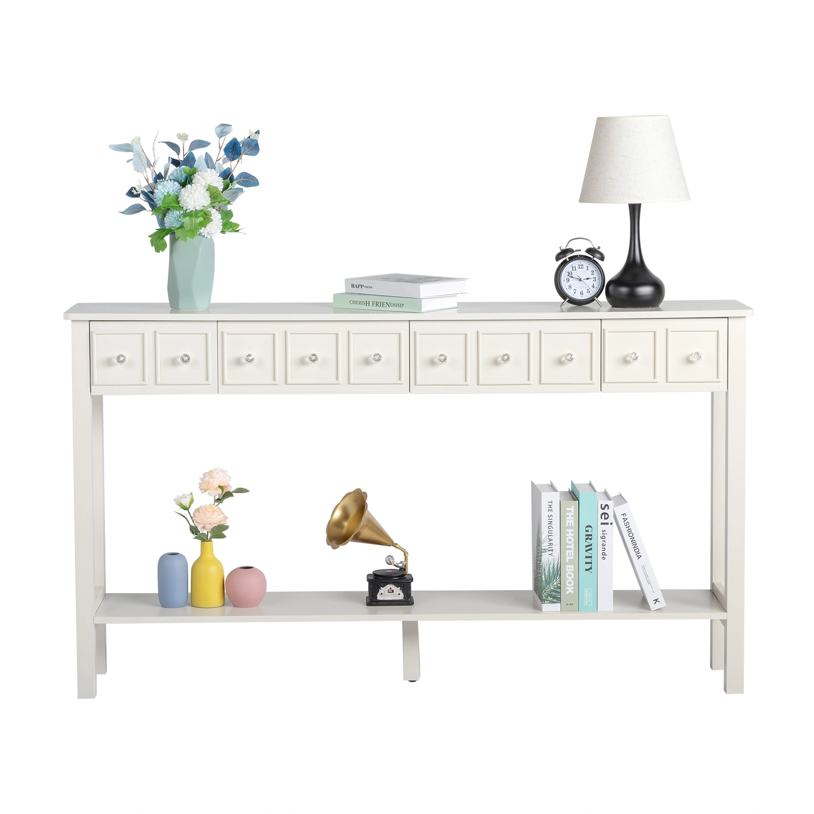 White Narrow Console Table with Multi-Size Drawers & Bottom Shelf, Entryway Hallway Storage Sofa Table view 16